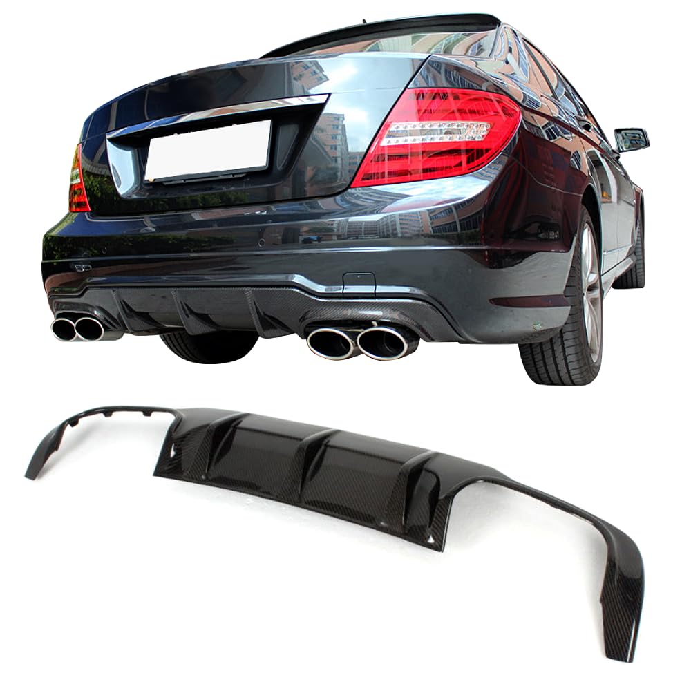 IKON MOTORSPORTS Rear Diffuser for 2012-2015 Mercedes-Benz C Class W204 C63 - Matte Carbon Fiber & FRP C63 Style Rear Bumper Lip Spoiler | Enhances Aerodynamics & Sporty Look for Street or Track Racing