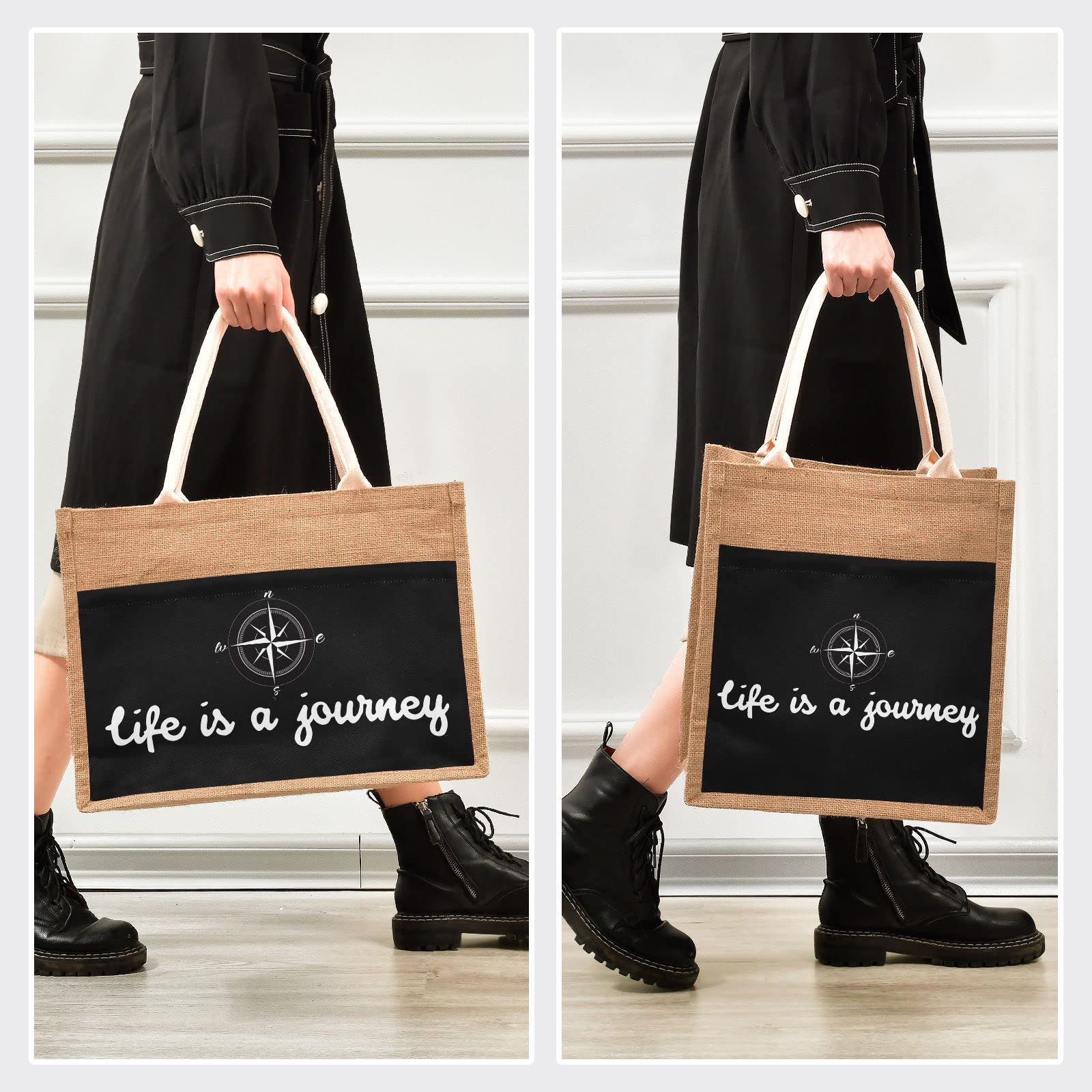 Linqin Life Is A Journey Jute Tote Bag - Waterproof Burlap Straw Grocery Shopping Bag for Women, Eco-Friendly Reusable Beach Tote - Perfect for Travel, Market, Picnic & Daily Use