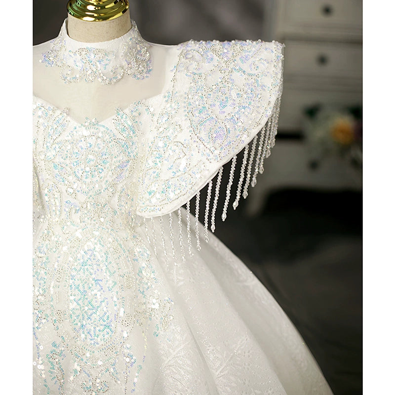 Elegant White Princess Mock Neck Floor-Length Polyester Flower Girl Dress for Weddings & Special Occasions