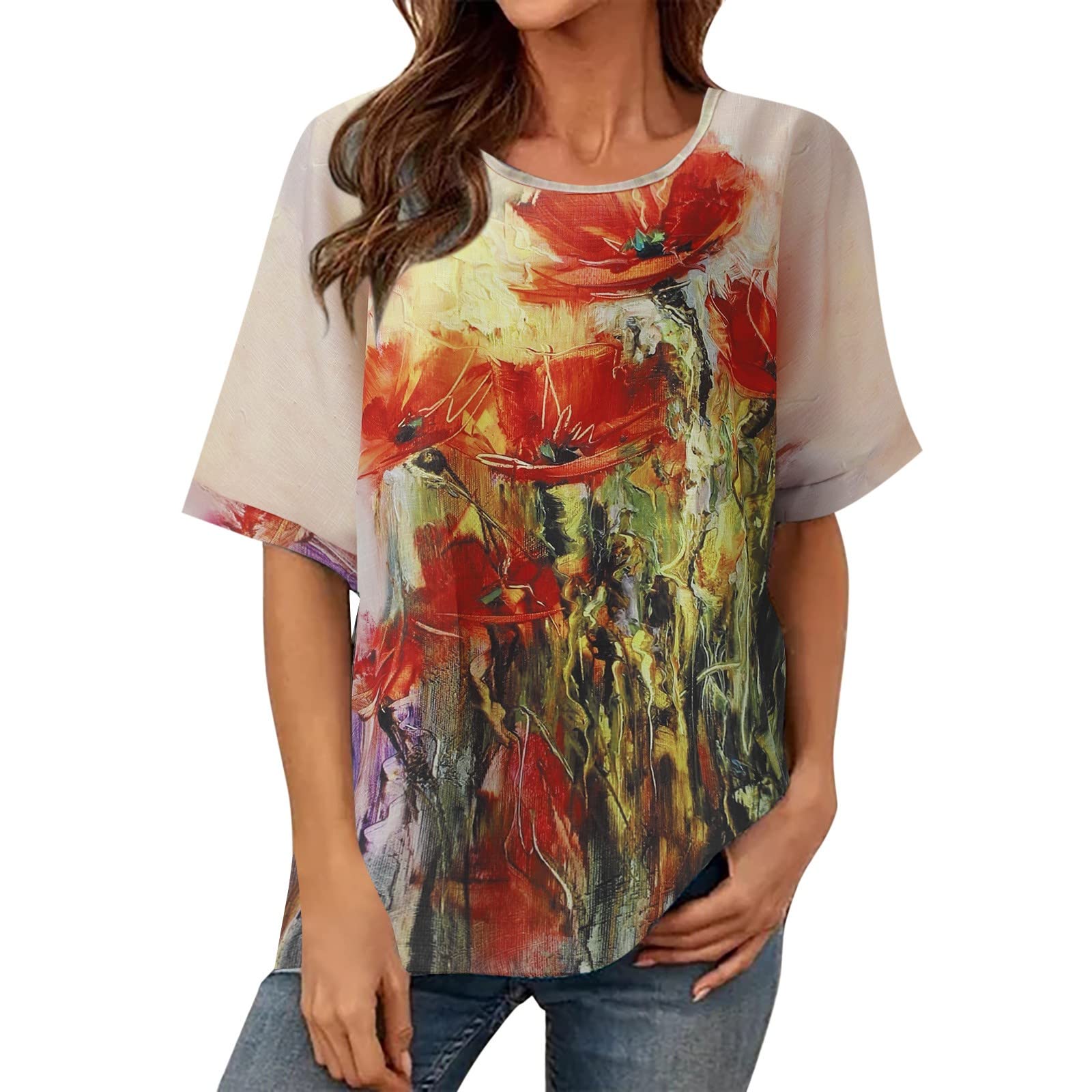 Black Lace Women's Shirt - Printed Round Neck Loose Fit Cotton Linen Short Sleeve Blouse - Casual Summer Top for Women (Orange, XXL) - Perfect for Beach Outings, Date Nights & Office Wear