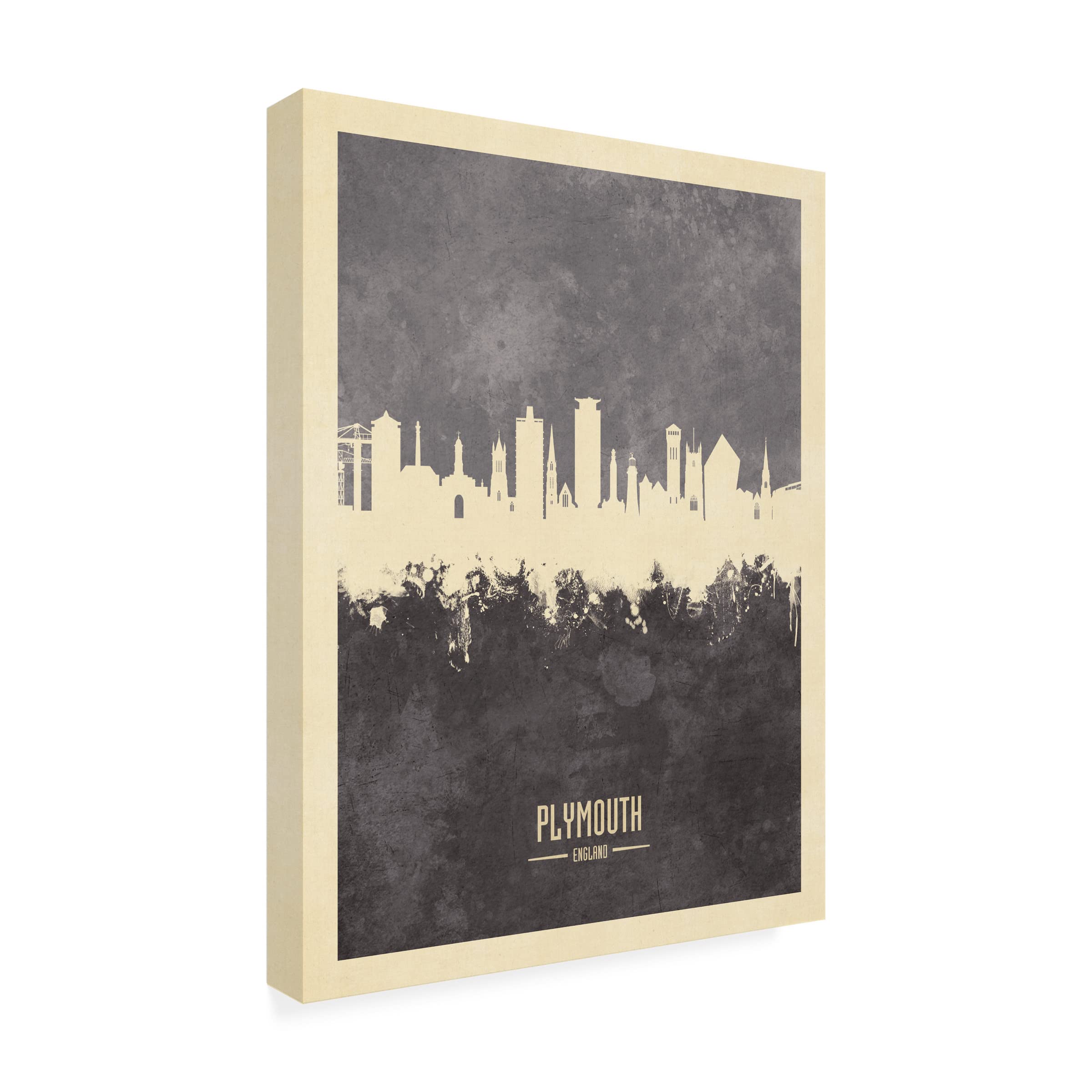 Michael Tompsett 'Plymouth England Skyline Gray' Canvas Art Print - Modern Cityscape Wall Decor for Living Room, Bedroom & Office