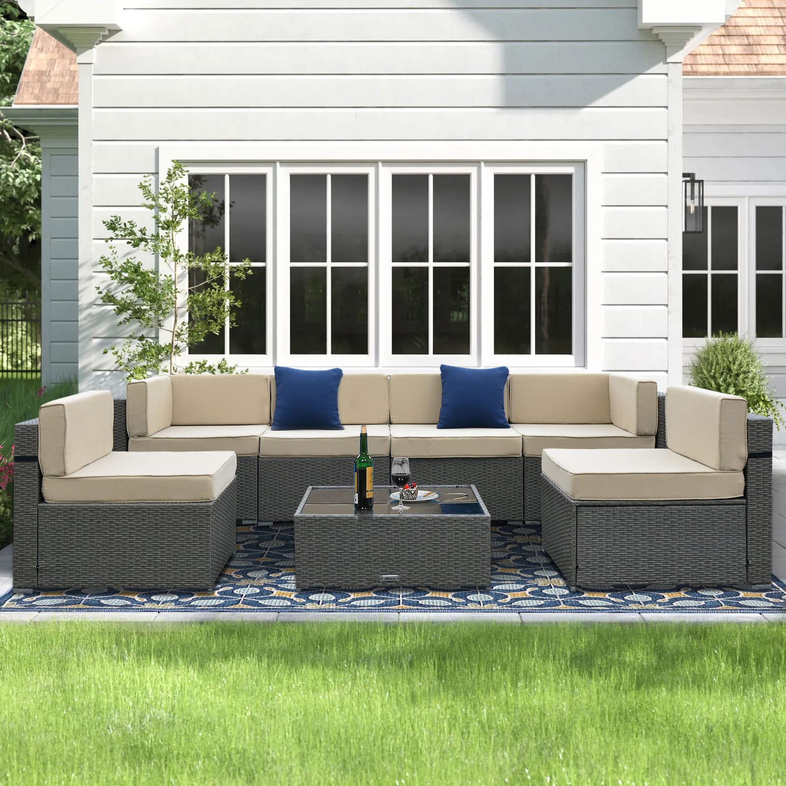 RoyalCraft 7-Piece Outdoor Patio Furniture Set with Waterproof Cover - All-Weather Wicker Sectional Sofa with Beige Striped Cushions & Zippers (2022 Grey Upgrade) - Perfect for Garden, Backyard, Poolside & Patio Relaxation