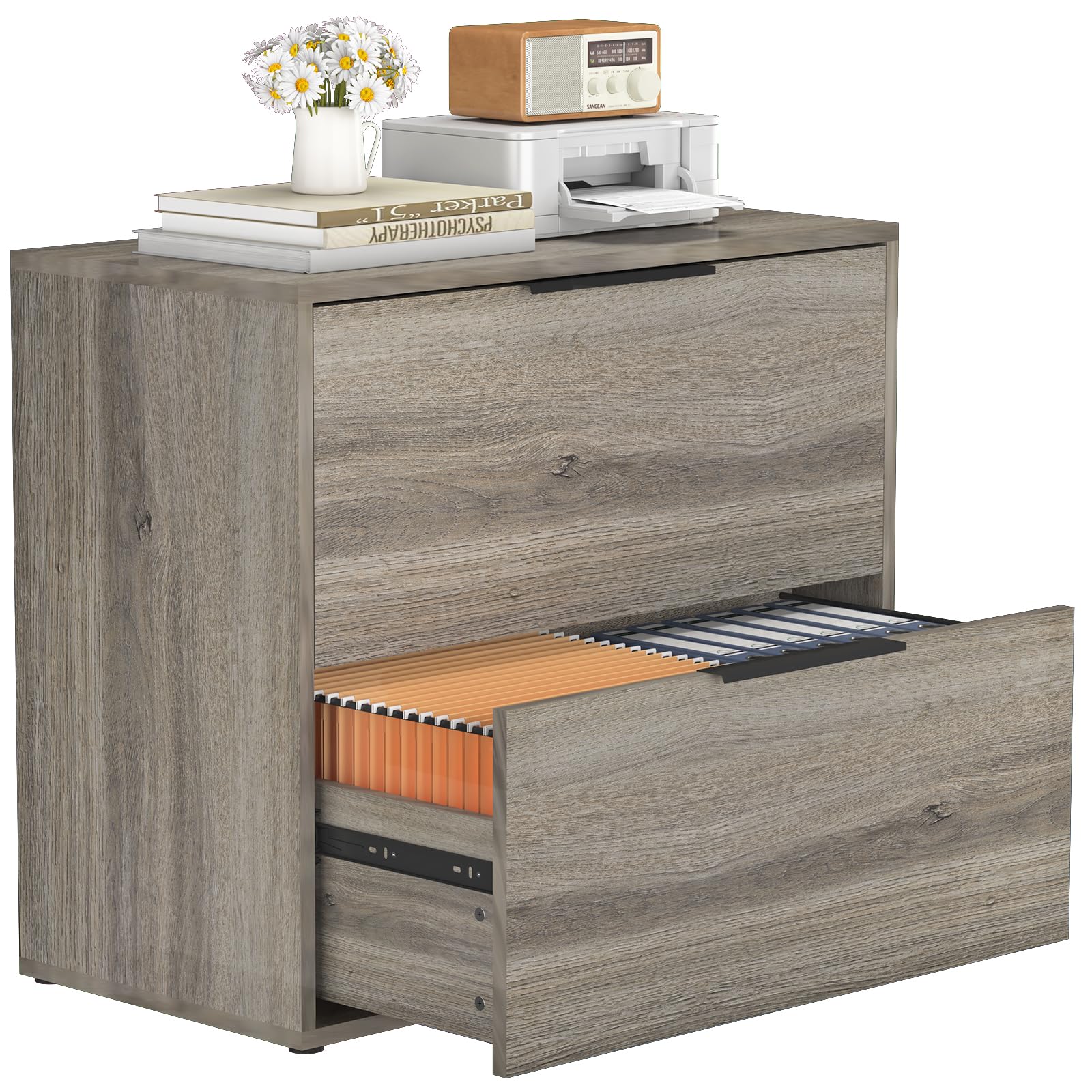 2-Drawer Wooden Lateral File Cabinet for Home Office - Farmhouse Style with Hanging Bars for Letters/Legal (Grey) - Perfect for Organizing Documents in Small Spaces & Home Offices