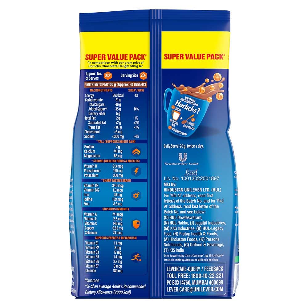 Horlicks Chocolate Nutrition Drink Powder - 750g Pouch | Delicious & Nutritious Meal Replacement for Kids & Adults | Perfect for Breakfast, Snacks & Post-Workout Recovery