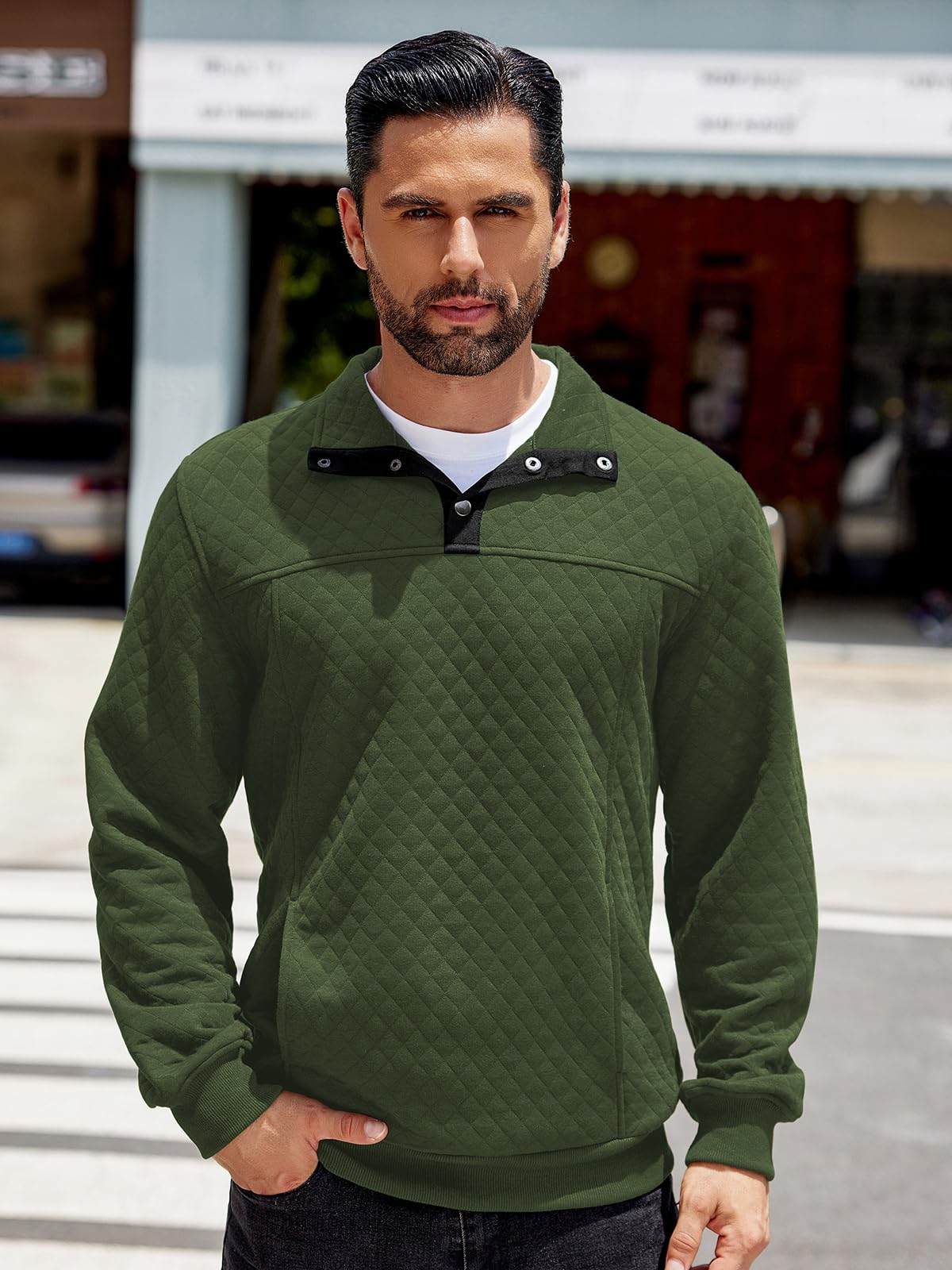 COOFANDY Men's Quilted Quarter Sweatshirt - Long Sleeve Mock Neck Waffle Knit Pullover with Pockets | Casual Polo Shirt for Workout, Outdoor Activities & Everyday Wear