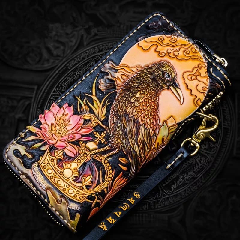 Handcrafted 3D Genuine Leather Men's Wallet - Customizable Biker & Travel Wallet with Celtic Toad Raven Design - Perfect for Motorcycle Riders, Business Professionals & Gift Giving