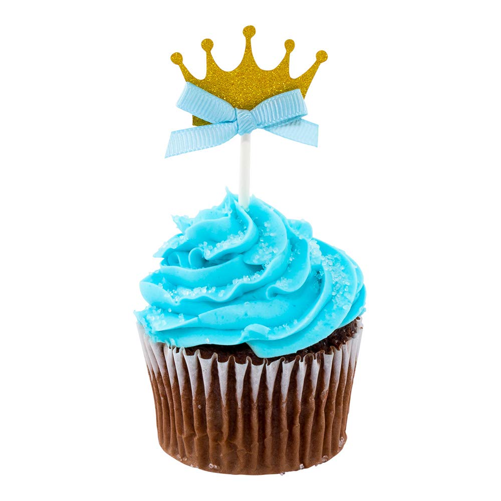 Gold & Blue Glitter Crown Cake Toppers - 10 Pack 3.7