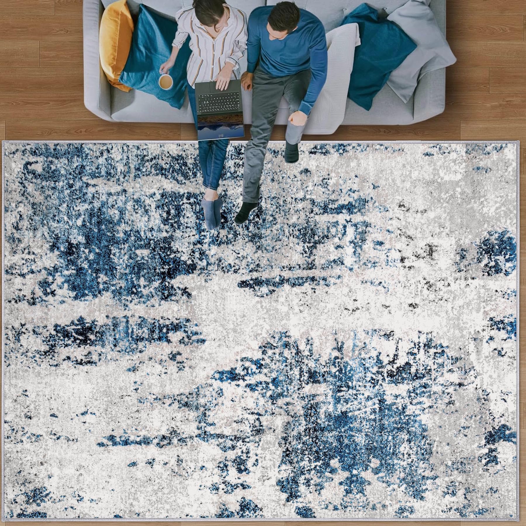 5x7 Washable Non-Slip Area Rug - Soft Low-Pile Abstract Modern Carpet for Living Room, Bedroom, Office & Dining Room | Grey Blue Indoor Floor Mat | Perfect for Home Decor, Cozy Spaces & High-Traffic Areas