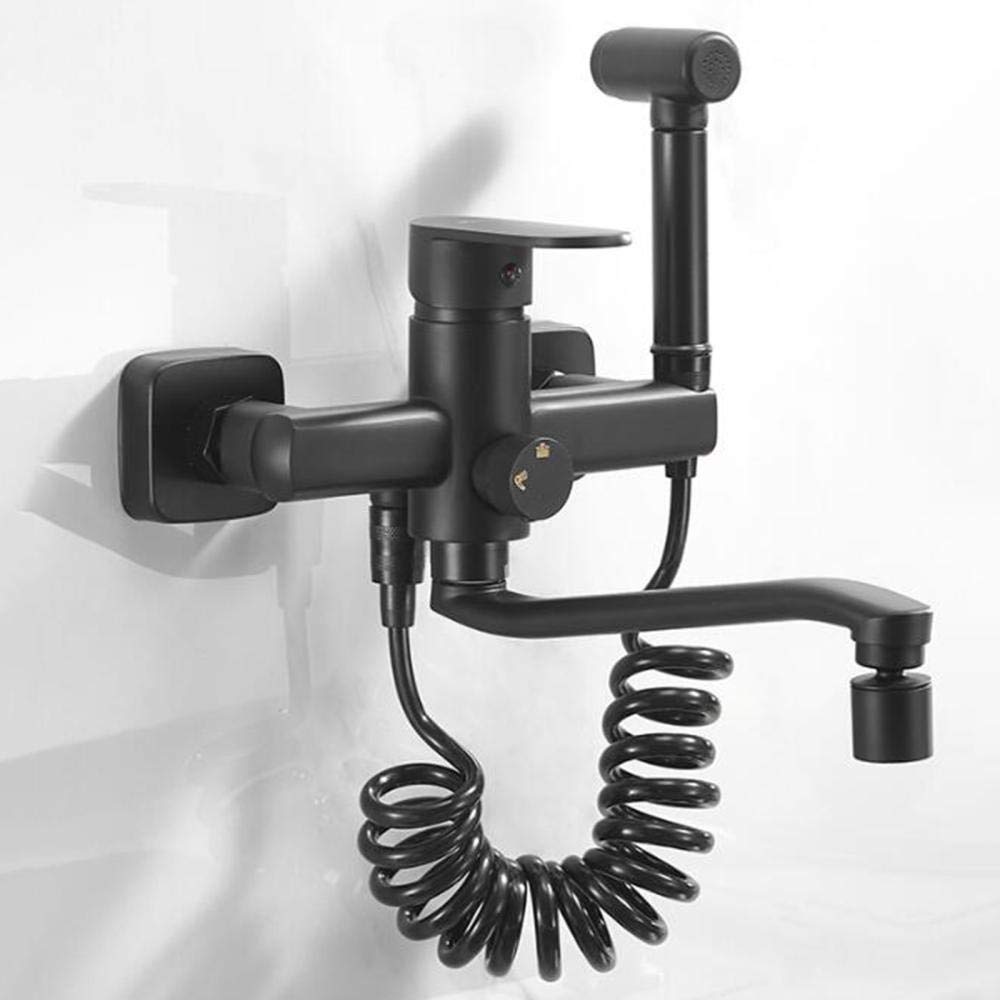 Black Wall Mount Kitchen Sink Faucet - Double Hole Hot and Cold Water Mixer Tap with 180° Rotatable Spray Gun & 30cm Brass Outlet Pipe - Perfect for Modern Kitchens, Restaurants, and RV Camping