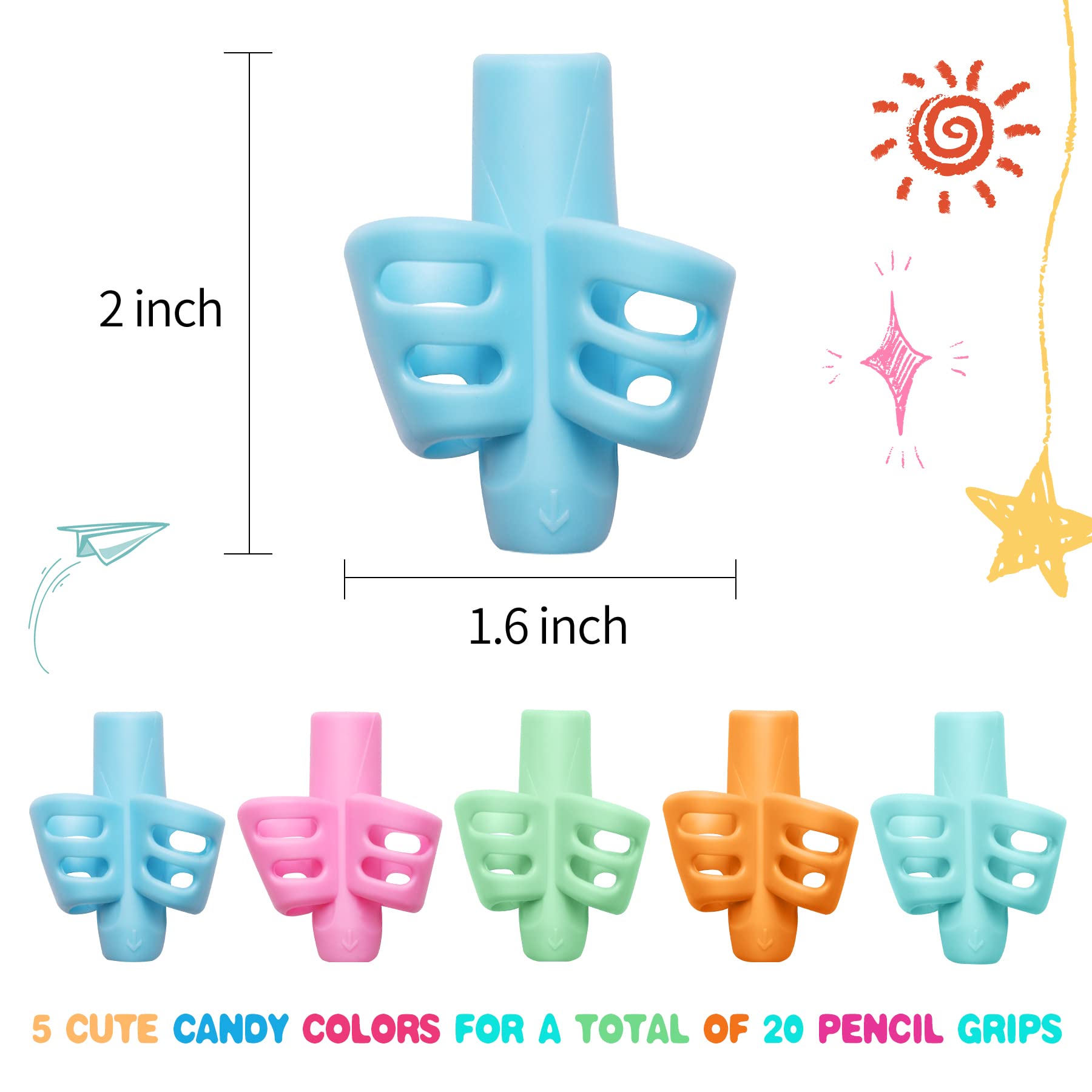 20 Pcs Ergonomic Pencil Grips for Kids - Colorful Handwriting Training Aid for Toddlers, Preschoolers & Special Needs Children (2 Fingers) - Perfect for Classroom, Homeschool & Occupational Therapy