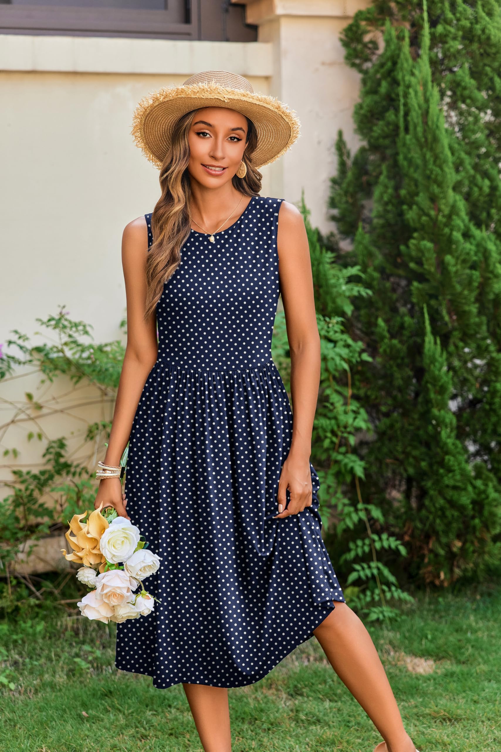 Zeagoo Women's Summer Floral Tank Midi Dress with Pockets - Sleeveless A-Line T-Shirt Dress, Casual Flowy Beach Sundress for Vacation, Date Night & Outdoor Activities