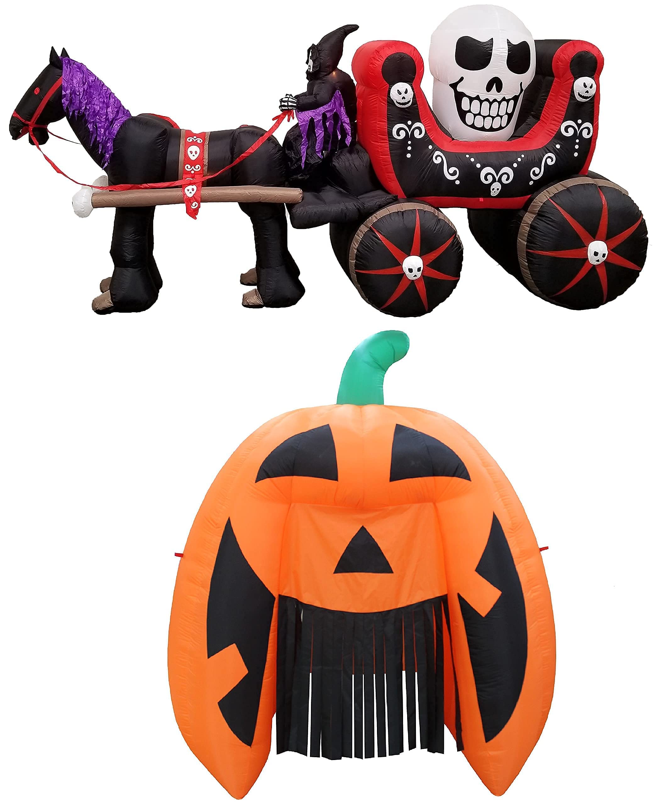 Halloween Inflatable Decorations Bundle - 12ft Skeleton Ghost Carriage & 8ft Pumpkin Monster Archway with Lights | Spooky Party Decor for Yard, Haunted House, and Outdoor Halloween Events
