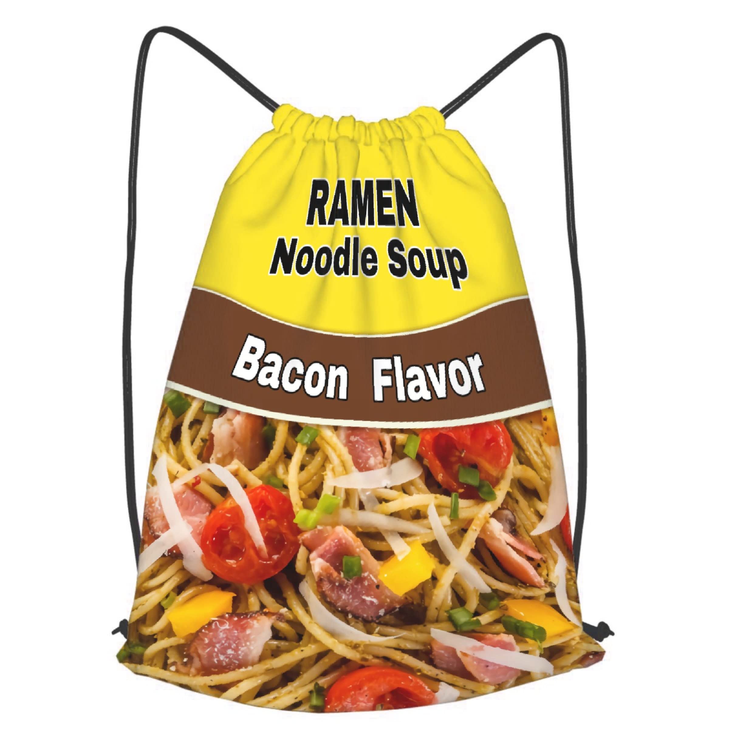 Bacon Flavor Ramen Noodle Soup Themed Drawstring Backpack - 16.5x19.6 Inch Cinch Sack for Men & Women - Gym Sports Bag, School Backpack, Travel Daypack - Perfect for Anime Fans, Cosplay, Casual Use & Unique Fashion Statement