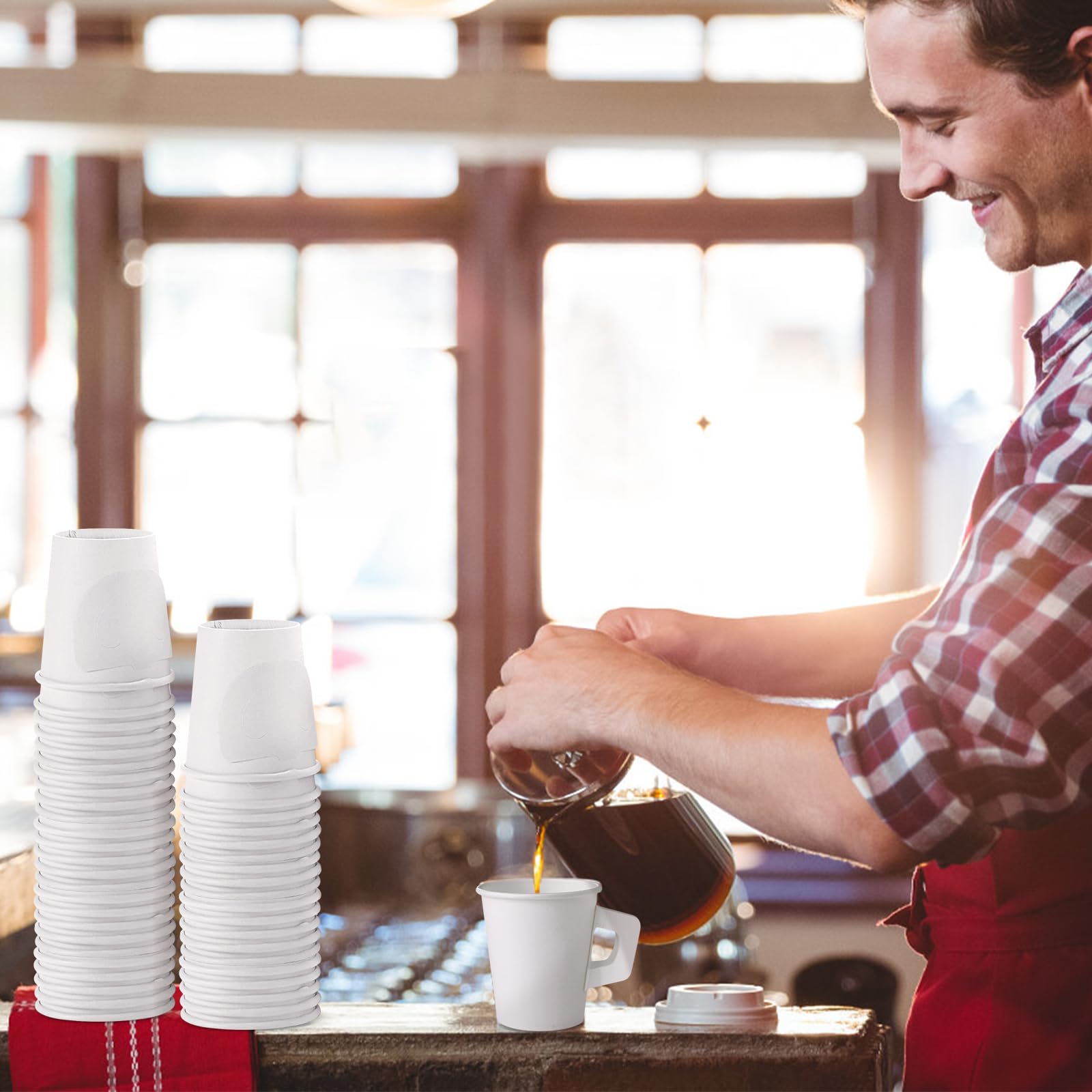Jippedea 8 Oz Disposable Coffee Cups with Handles - 50 Pack Eco-Friendly Paper Cups for Hot Beverages, Ideal for Hotels, Motels, Home Cafes, Bistros, and Parties - Perfect for Serving Tea, Coffee, and Hot Chocolate at Events or Daily Use