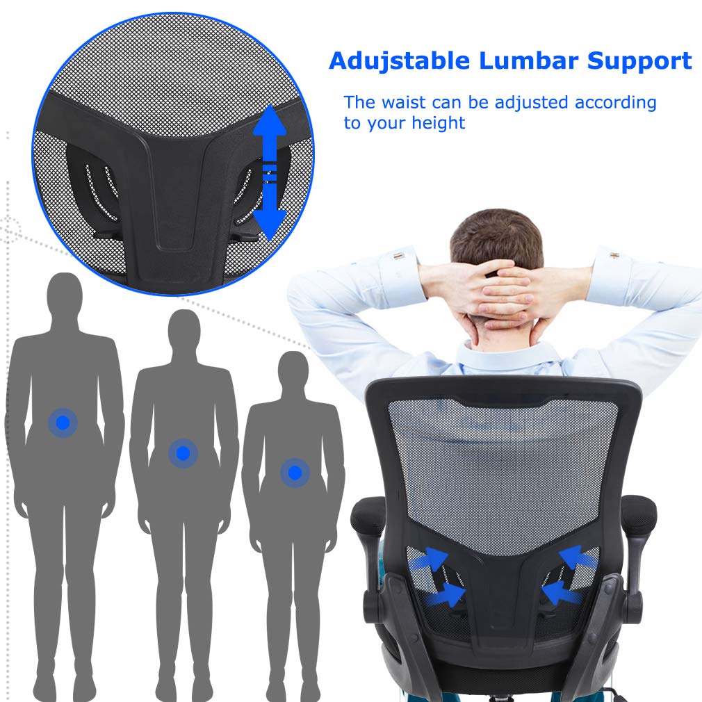 Ergonomic Mesh Office Chair with Lumbar Support & Flip-Up Arms - Adjustable Swivel Rolling Computer Desk Chair for Home Office, Adults & Women - Perfect for Long Work Hours, Gaming & Remote Work (Black)