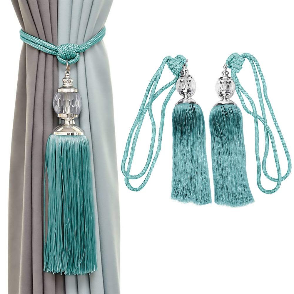 Elegant Peacock Blue Tassel Rope Curtain Tiebacks with Crystal Beads - 2 Pack for Drapes & Window Treatments | Perfect for Living Room, Bedroom, and Home Decor