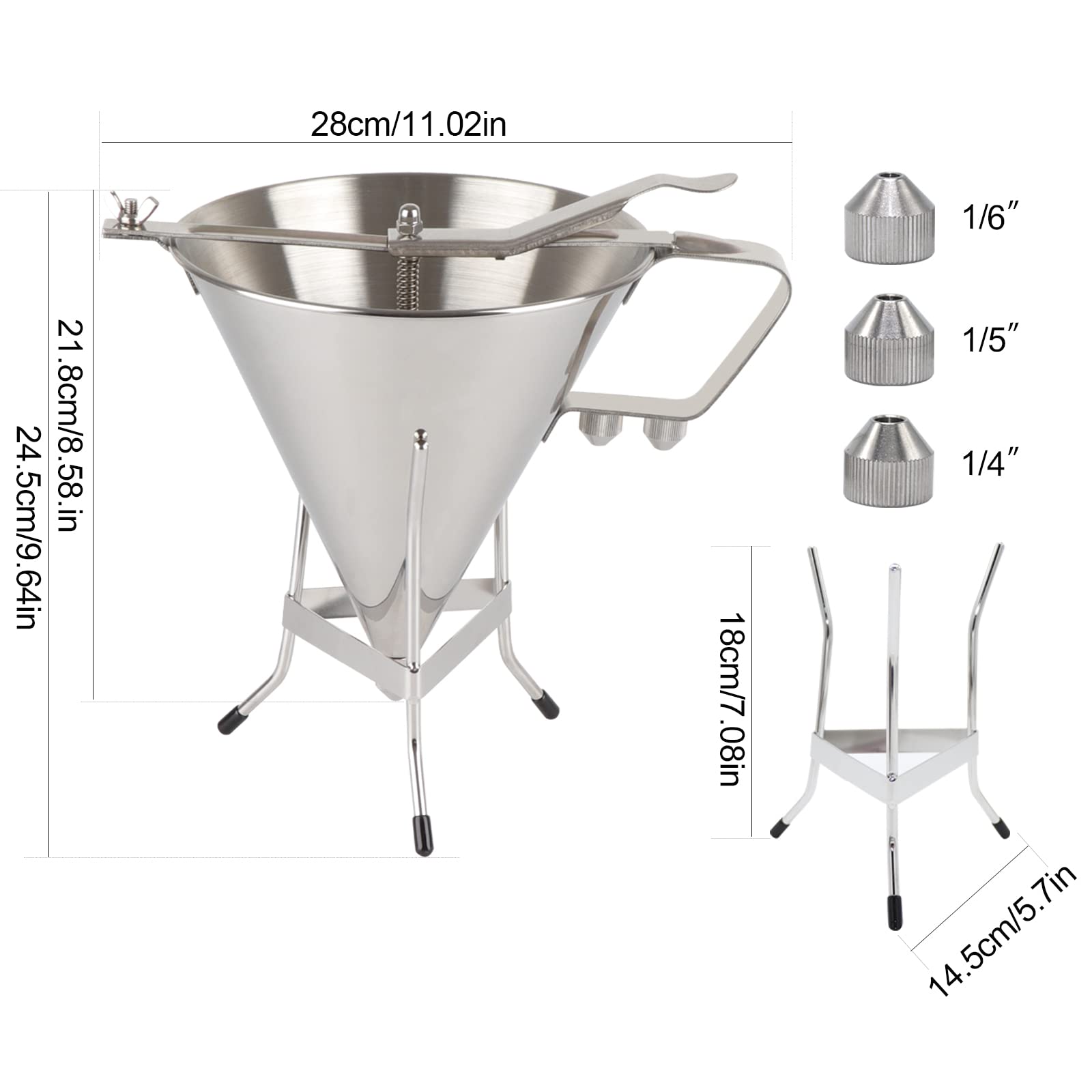 Stainless Steel Confectionery Funnel with Stand & 3 Nozzles - Commercial Grade Cake Decorating Tool for Precise Batter Dispensing - Perfect for Home Kitchen, Cupcake Baking, Pastry Filling & Candy Making