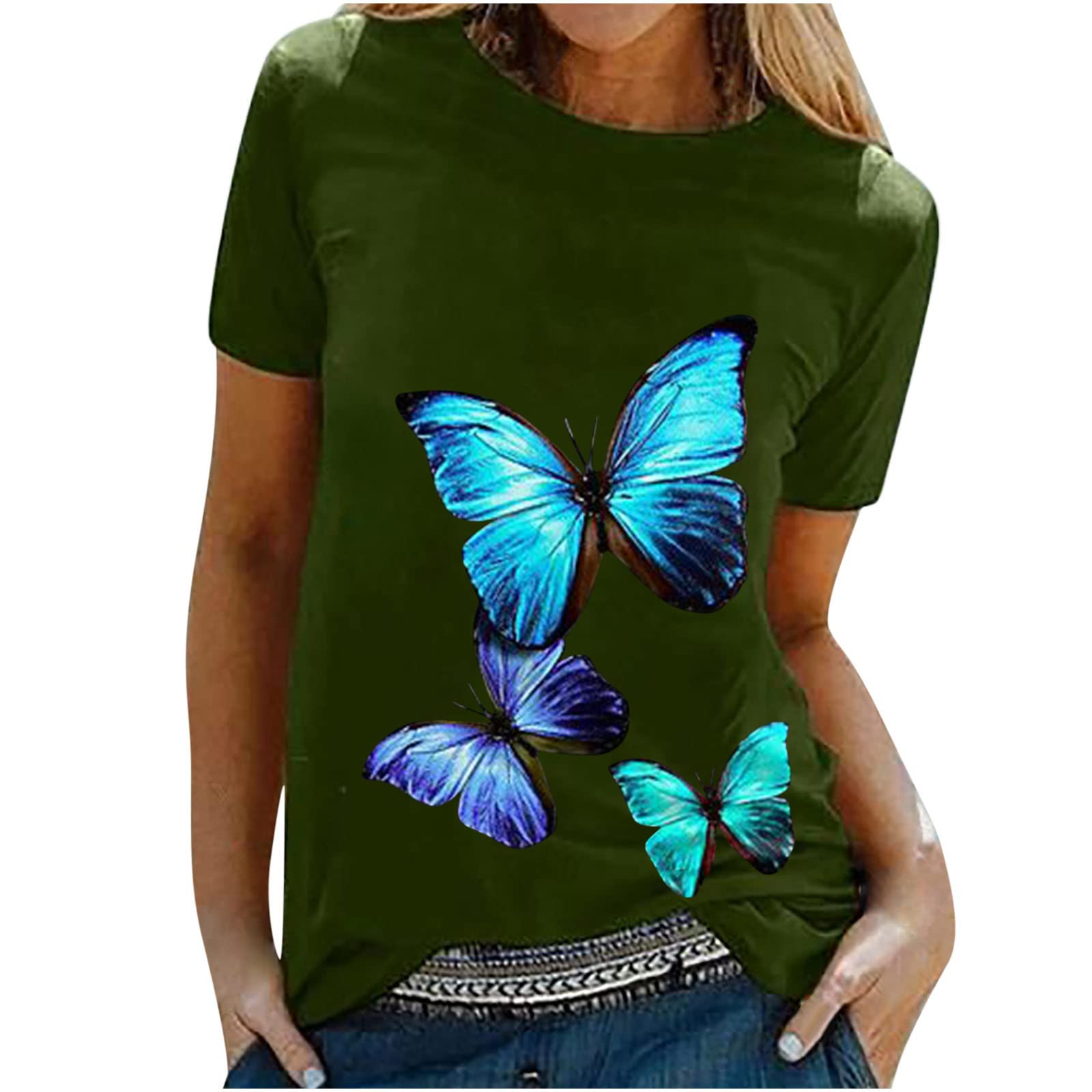 Butterfly Print Women's Plus Size Crew Neck Tee Shirt - Soft Summer Tank Tops for Casual Wear | Perfect for Beach Outings, Weekend Errands & Layering