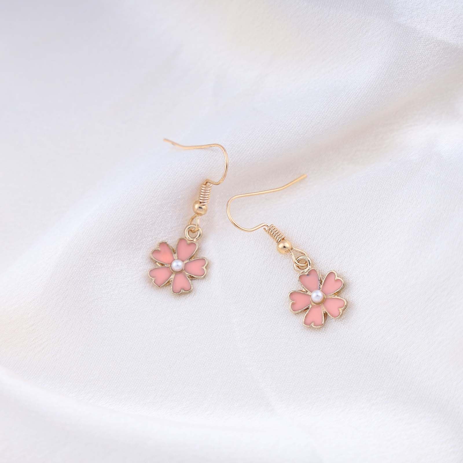 Bohemian Enamel Flower Pearl Dangle Earrings for Women - Pink Floral Drop Earrings with Gold Round Pearl Hook, Small Pearl Flower Jewelry Gift for Women & Girls | Perfect for Weddings, Parties & Everyday Wear