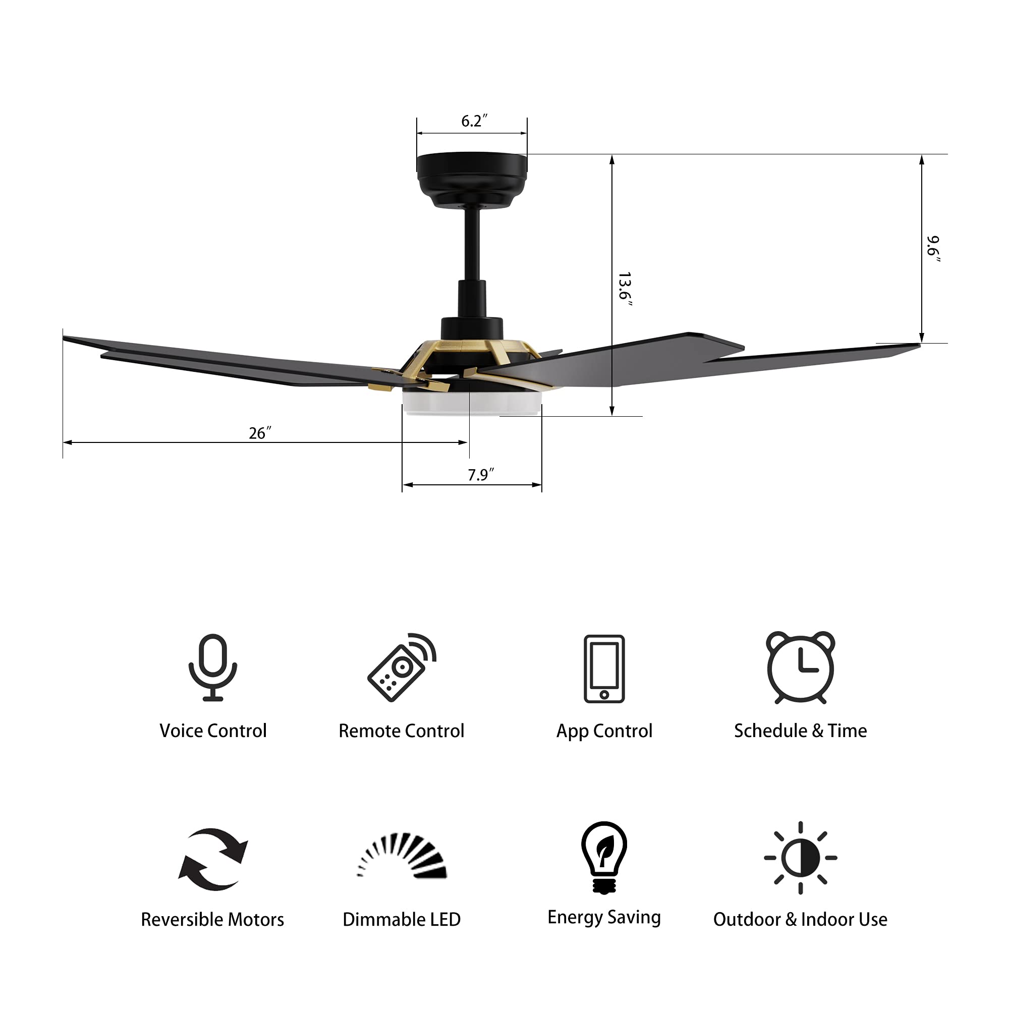SMAAIR 52 Inch Smart Ceiling Fan with LED Light & Remote Control - Alexa/Google Home/Siri Compatible, Dimmable Light, 10-Speed DC Motor - Gold/Black - Perfect for Patio, Living Room & Bedroom