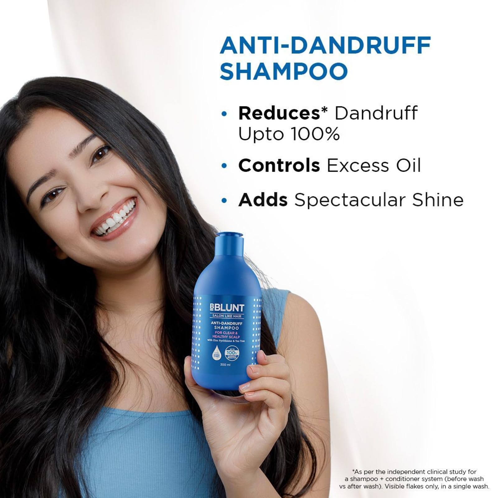 Bblunt Anti-Dandruff Shampoo with Zinc Pyrithione & Tea Tree Oil - 100% Dandruff Control, Oil & Itch Relief for All Hair Types - Men & Women (300ml) - Perfect for Daily Scalp Care & Flake-Free Hair