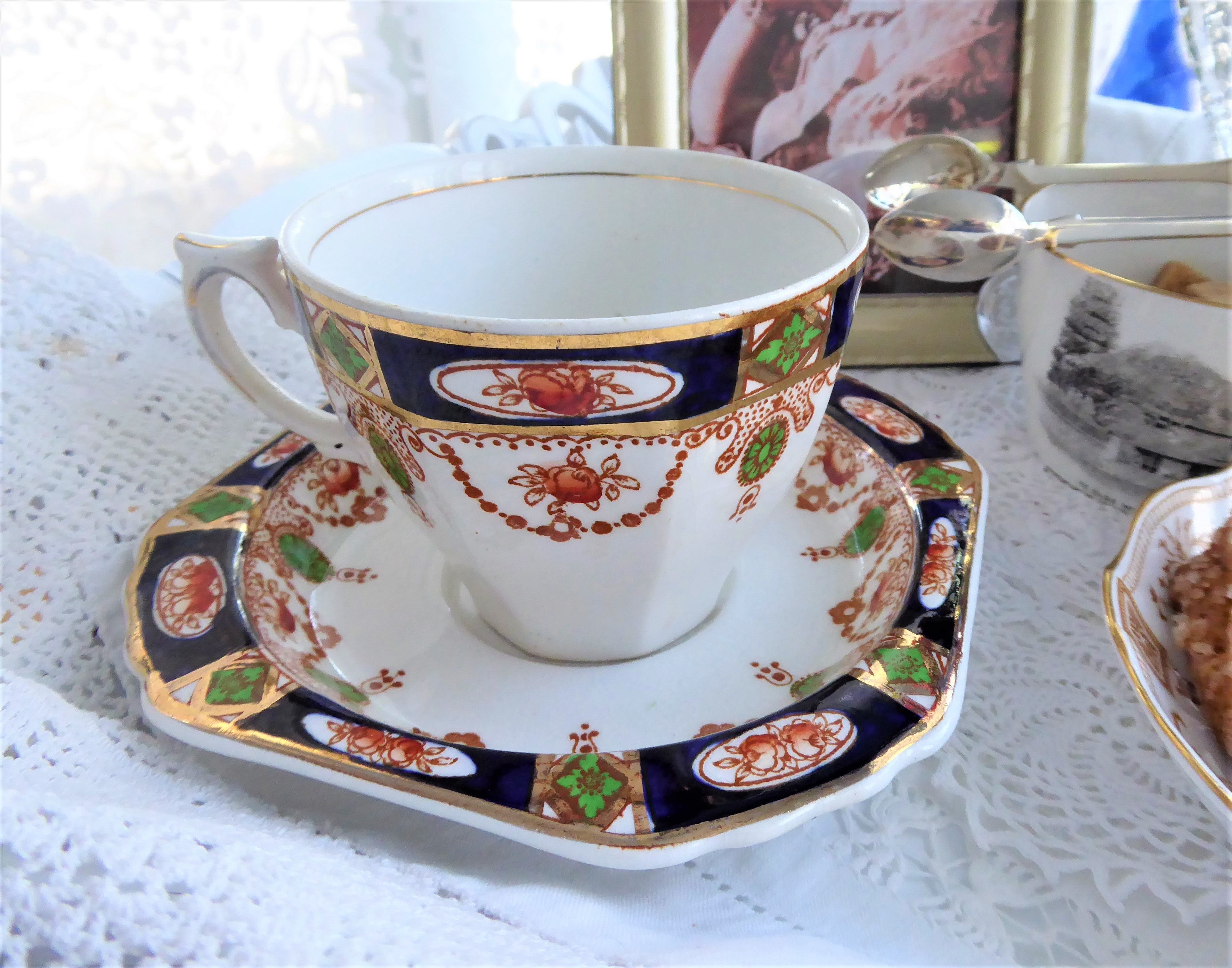 Vintage Imperial Derby Imari Cup and Saucer Set - Cobalt Blue & Rust Design by T. Hughes England 1920s Antique Tea Set for Collectors & Afternoon Tea Lovers