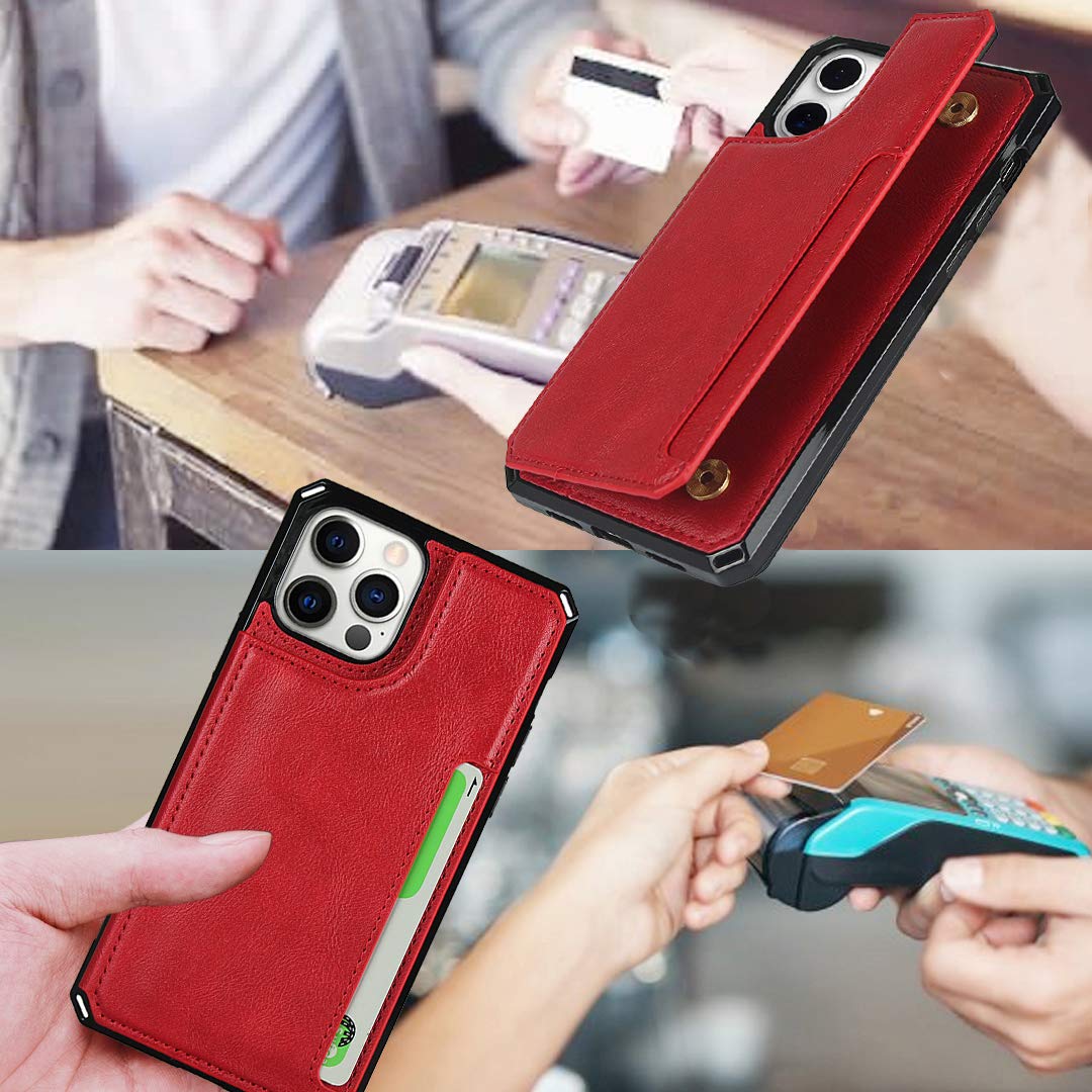 Premium Leather iPhone 12 Case with Card Holder & Stand - Shockproof Wallet Phone Case for iPhone 12/12 Pro (Red) - Perfect for Work, Travel & Everyday Protection