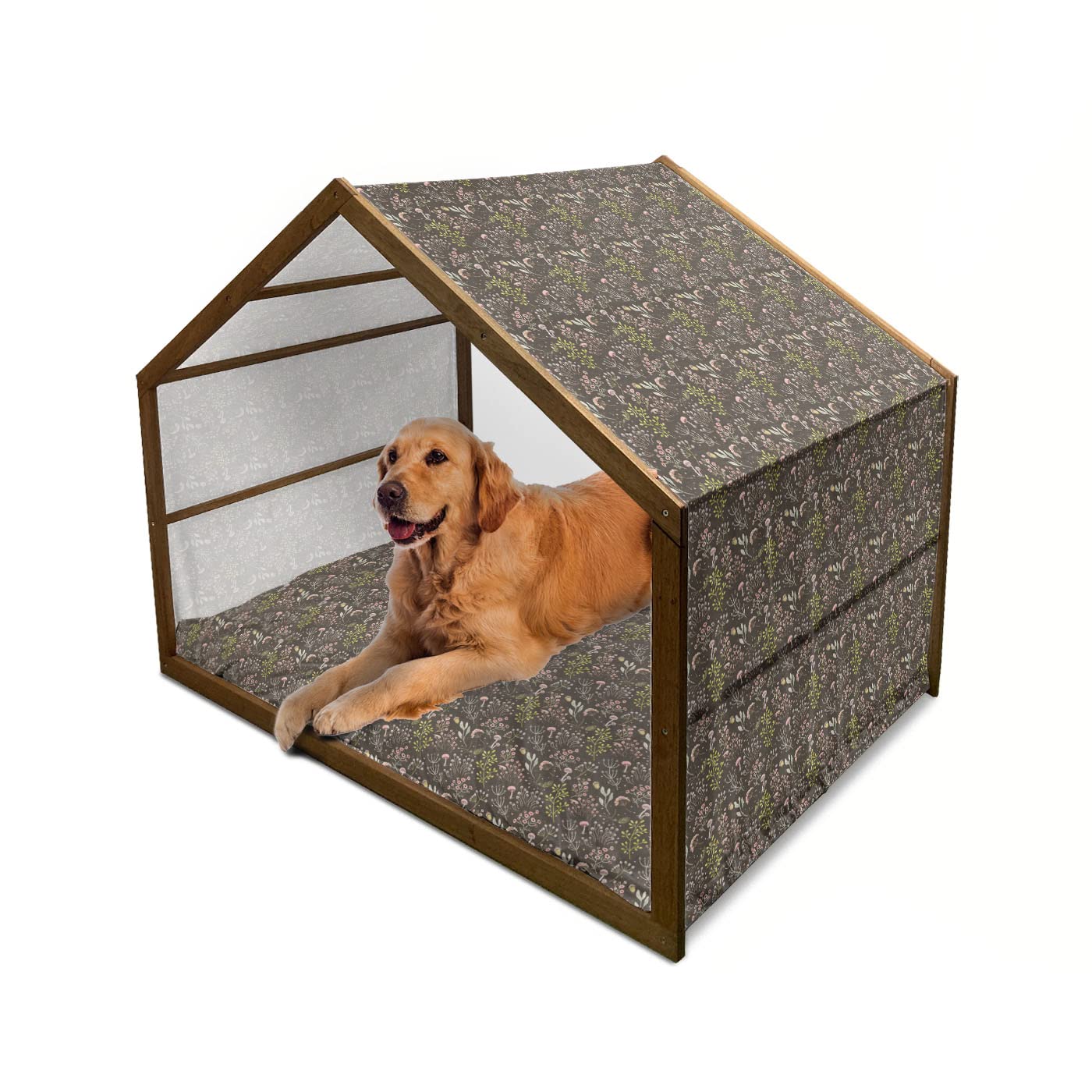 Ambesonne Wooden Dog House for Large Dogs - Forest Foliage Pattern with Mushrooms & Berries, Indoor & Outdoor Portable Pet Kennel with Removable Pillow & Cover, 2X-Large Size in Pale Pink & Brown - Perfect for Backyard, Patio or Living Room Use