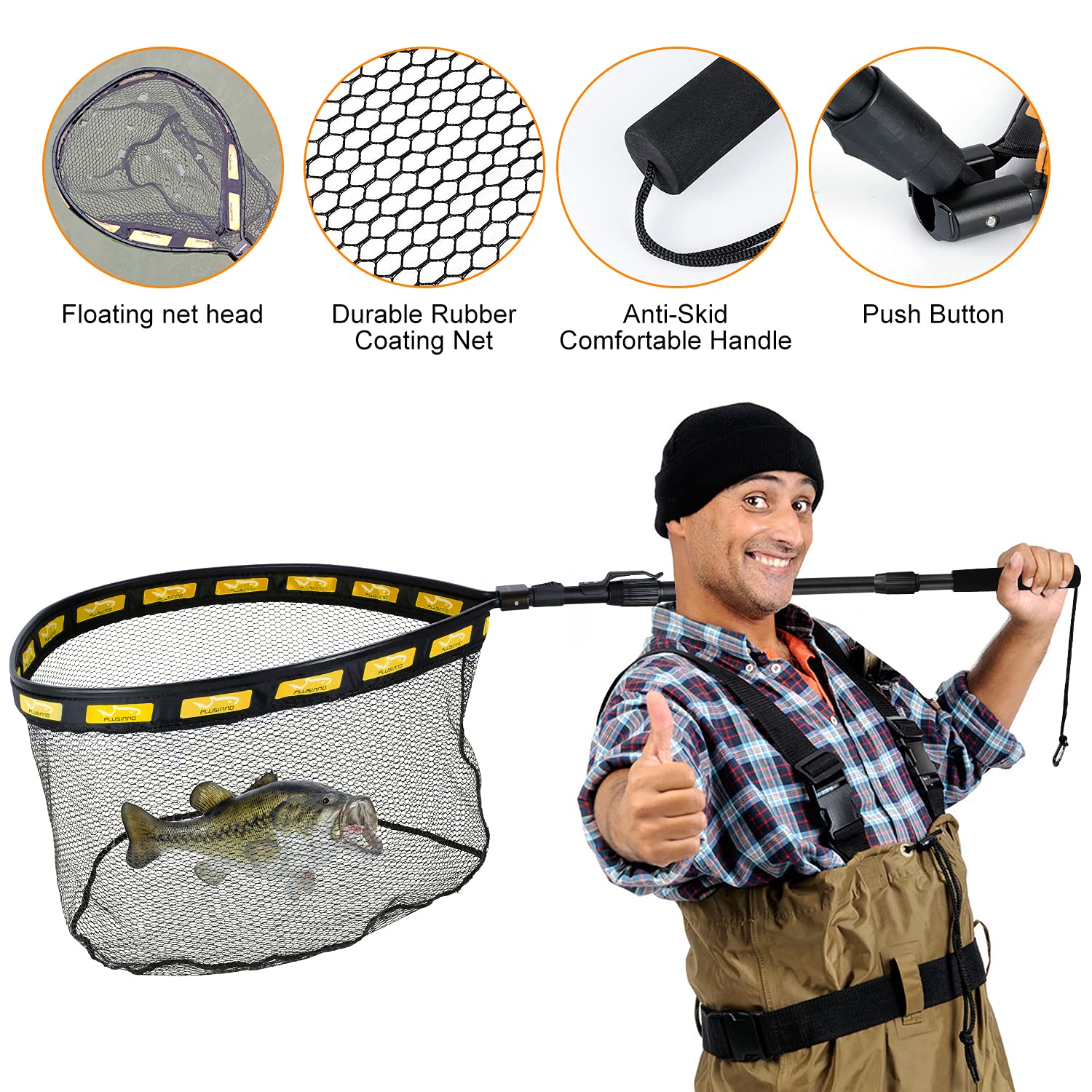 **PLUSINNO Floating Rubber Coated Fishing Net – Lightweight & Durable for Steelhead, Salmon, Bass, Trout, Catfish – Ideal for Fly Fishing, Kayak Fishing & Catch & Release – Easy to Transport & Store**    *(Perfect for freshwater & saltwater fishing, riverbank adventures, and kayak anglers!)*