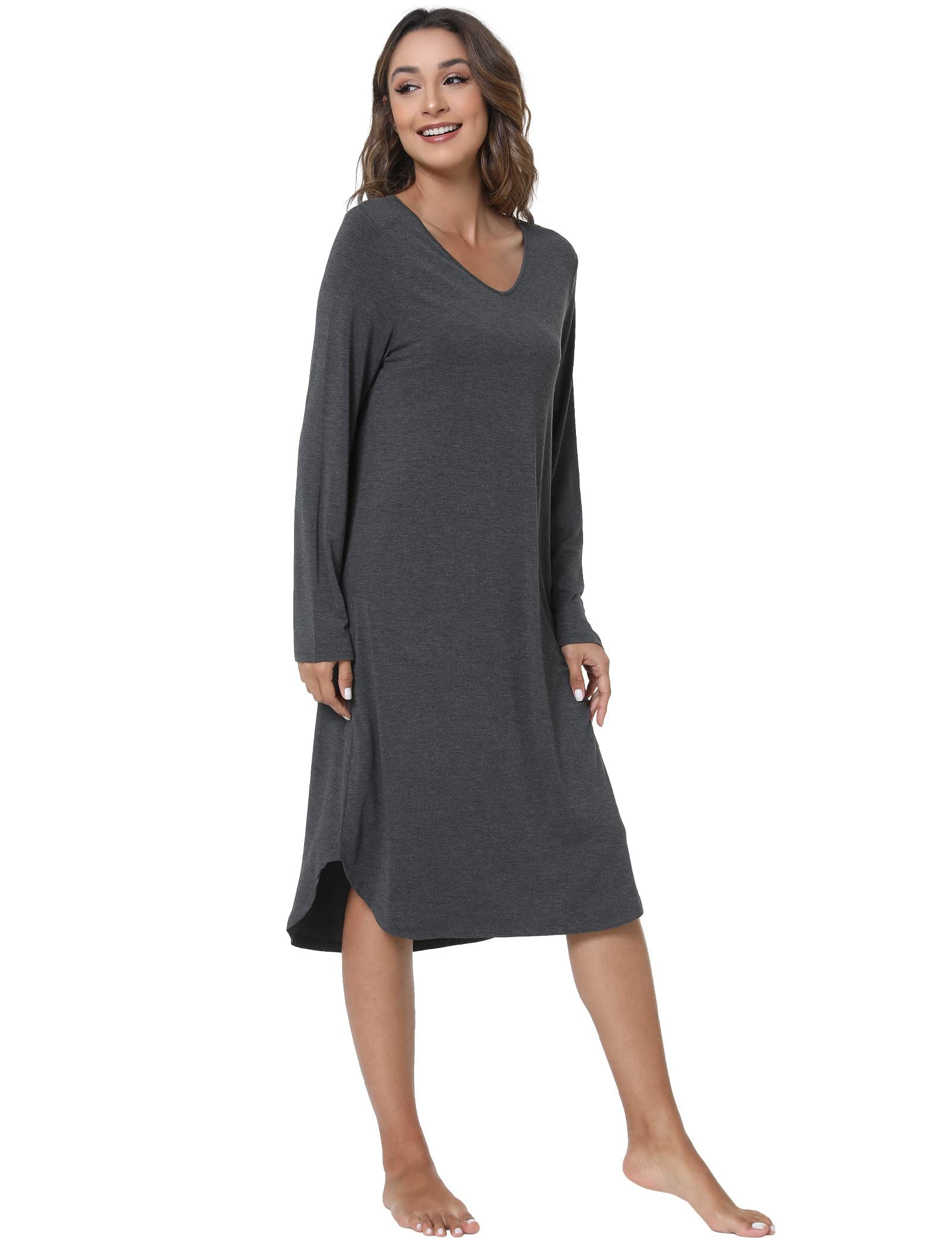 Soft Bamboo Nightgowns for Women - Long Sleeve V-Neck Sleepwear | Comfortable Loungewear & Sleepwear for Relaxing at Home
