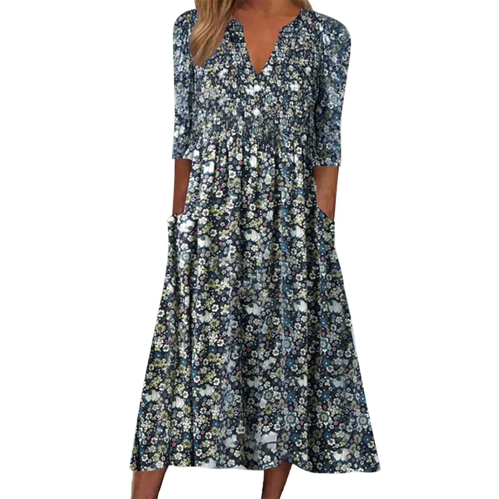 Women's Wrap Dress - Casual Summer Stripe V-Neck Short Sleeve with Pockets, Floral Sundress Midi Dress for Holiday & Beach Wear | Perfect for Vacation, Date Night and Outdoor Events