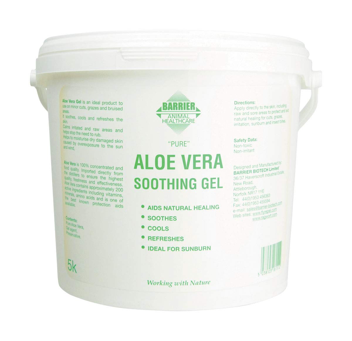 BARRIER Aloe Vera Soothing Gel - 5 Litre (1.32 Gallon) Large Size for Sunburn Relief, Skin Hydration & After Sun Care | Perfect for Spa, Home Use & First Aid Kits
