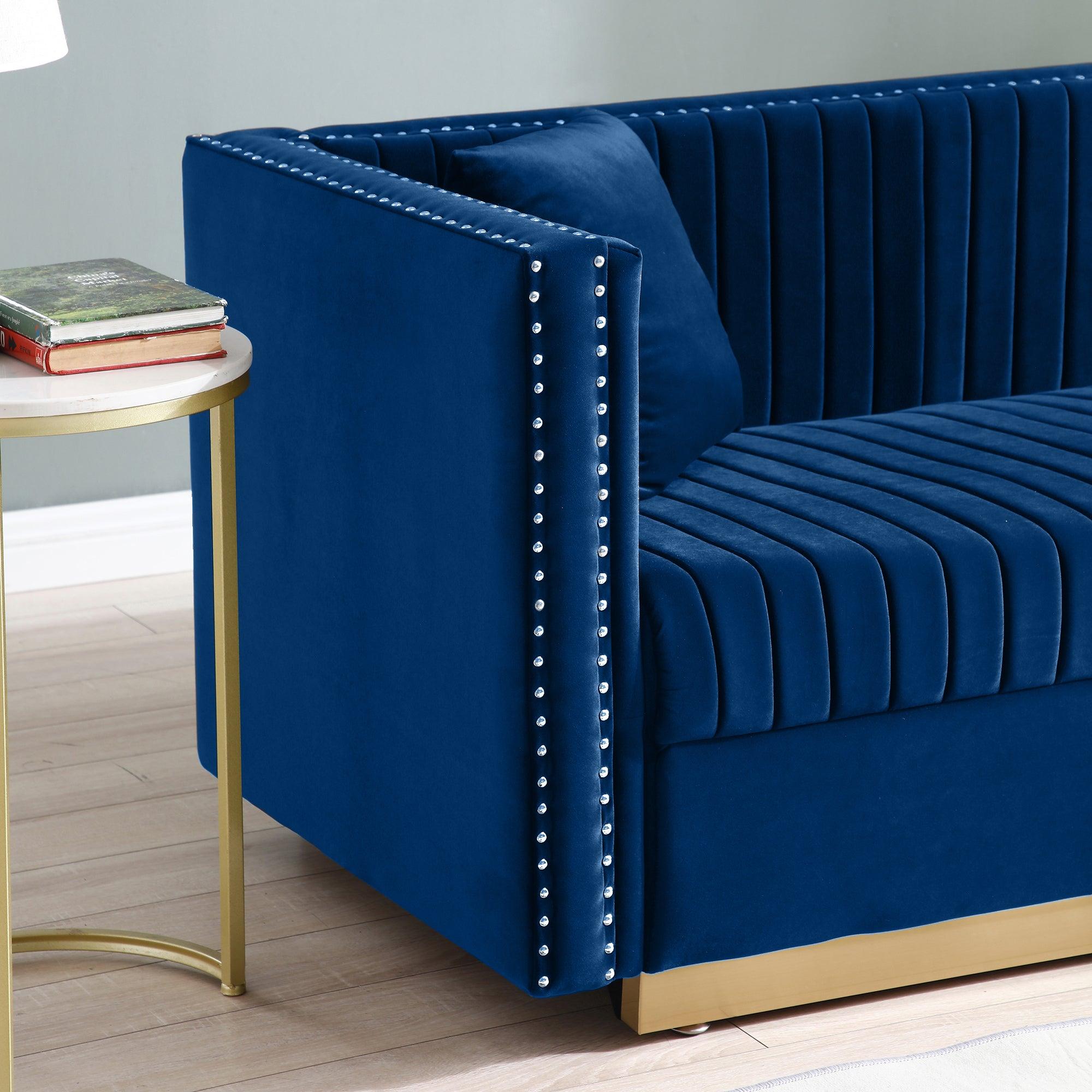 Modern Vertical Channel Tufted Velvet Loveseat - 2-Seater Upholstered Sofa for Living Room & Apartment with 2 Pillows (Blue) | Perfect for Small Spaces, Cozy Lounging & Contemporary Home Decor
