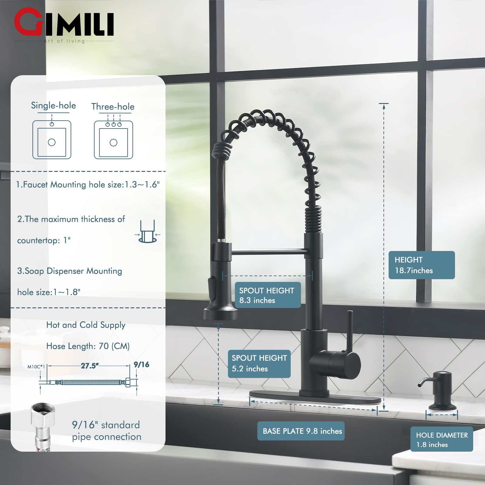 GIMILI Matte Black Commercial Kitchen Faucet with Pull Down Sprayer and Soap Dispenser - Single Handle Spring Pull Out Sink Faucet for Restaurant & Home Kitchen Use