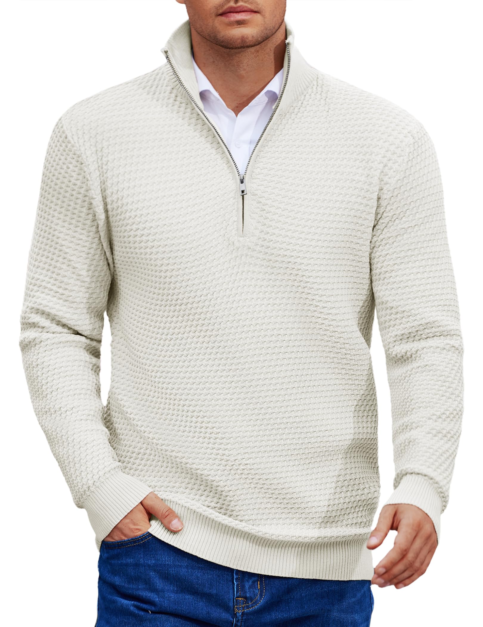 COOFANDY Men's Slim Fit Quarter Zip Pullover Sweater - Waffle Knit Mock Turtleneck Polo Sweatshirt for Casual Wear | Office, Dating, Fall & Winter Outfits