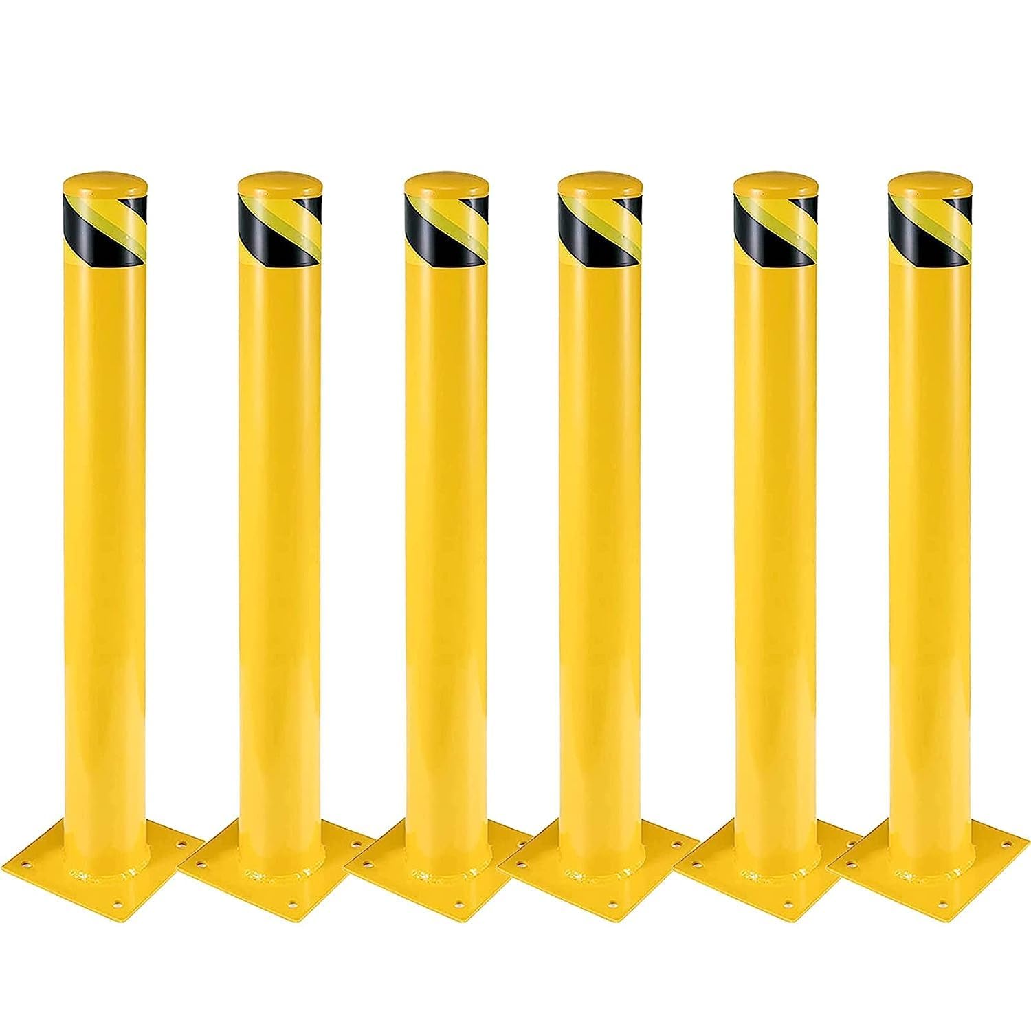 36 Inch Yellow Safety Bollard Post 6 Pack - 4.5 Inch Diameter Steel Traffic Control Bollards with 8 Anchor Bolts for Driveway Barrier, Parking Pole, and Pedestrian Safety