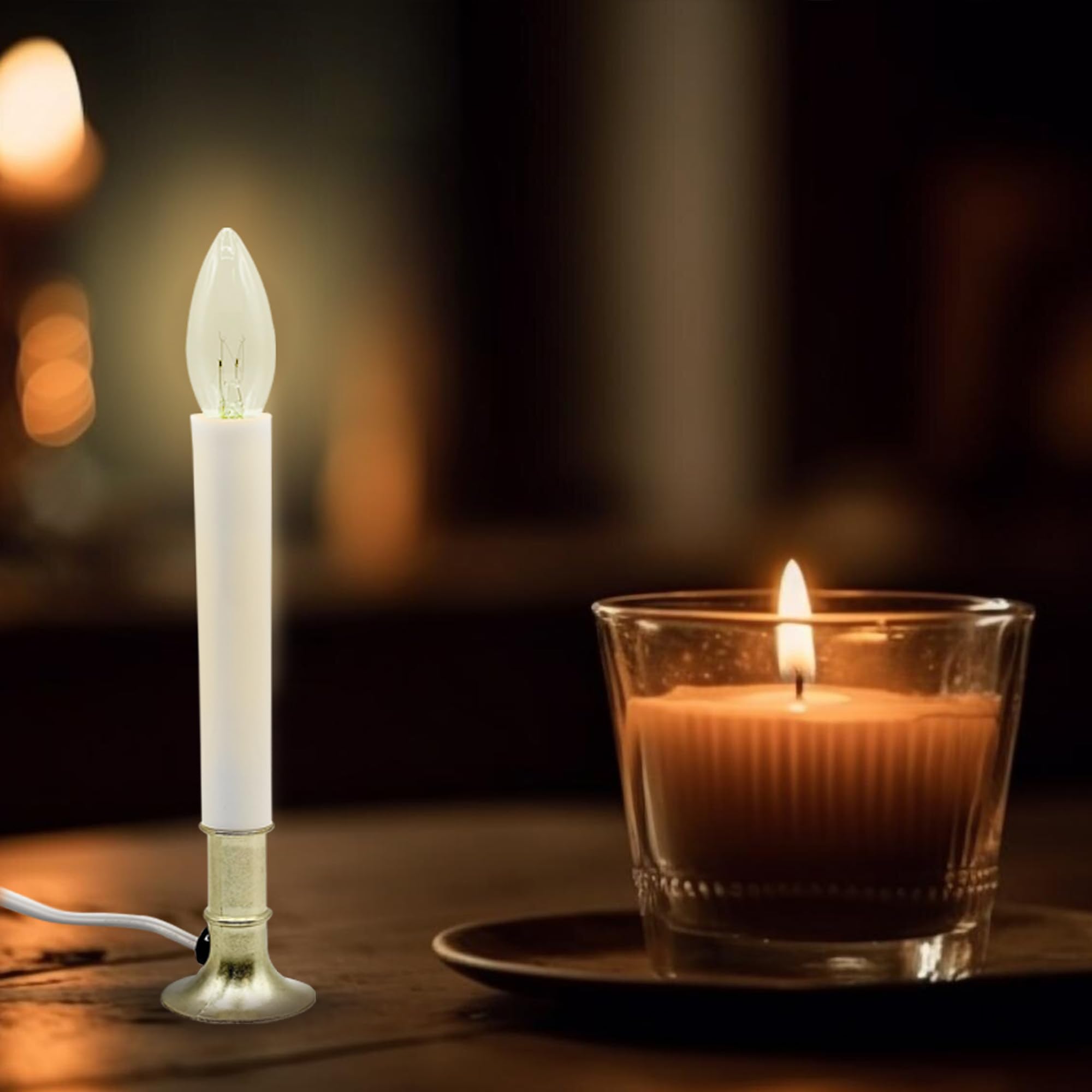 Creative Hobbies® Electric Window Candle Lamp - Brass Plated Base with On/Off Switch & Included Light Bulb - Ready to Use Holiday Decor for Christmas, Winter & Home Decoration