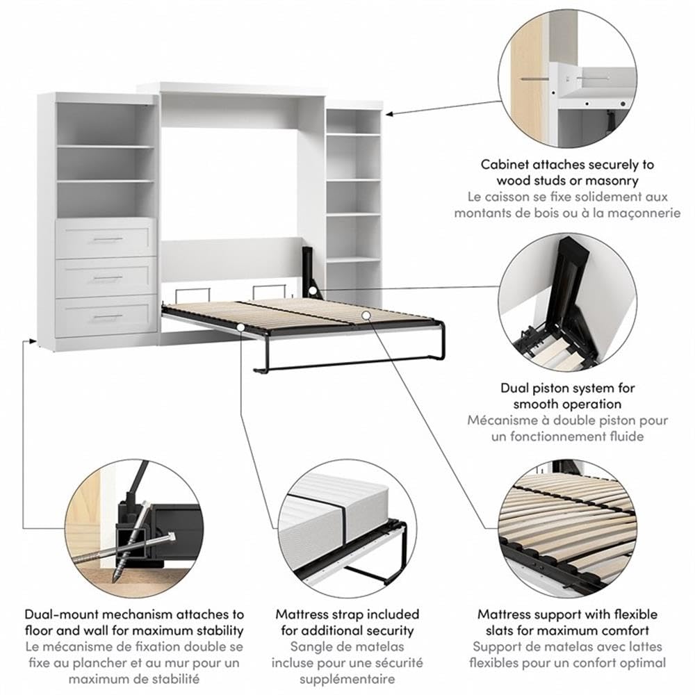 Pemberly Row Transitional Wood Queen Wall Bed with Storage in White - Space-Saving Murphy Bed for Small Apartments, Guest Rooms & Home Offices