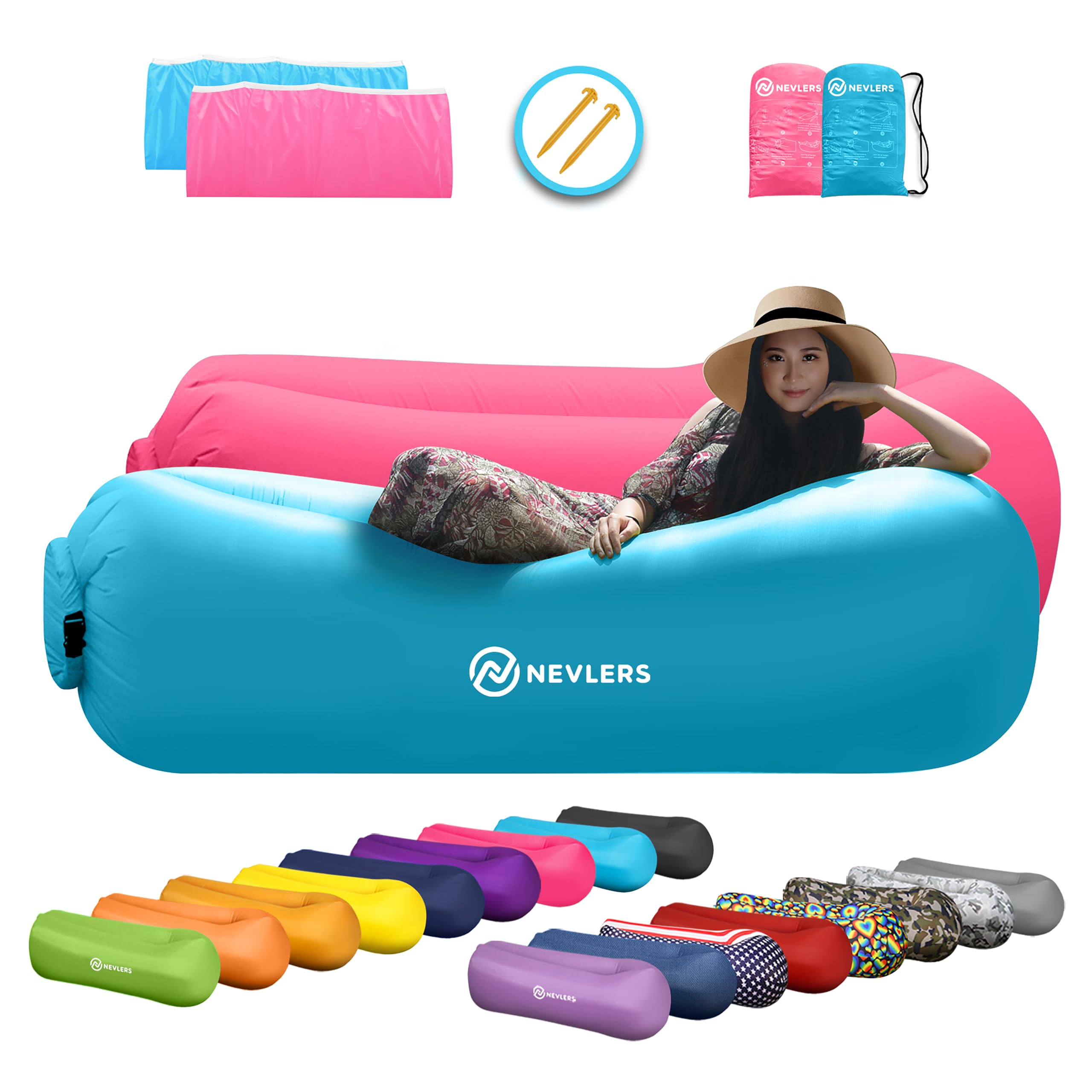 Nevlers 2 Pack Inflatable Lounger Air Sofa - Portable Blow Up Couch for Beach, Camping, Travel & Outdoor Relaxation | Includes Travel Bag, Pegs & 3 Storage Pockets | Perfect for Picnics, Backyard, Poolside & Movie Nights