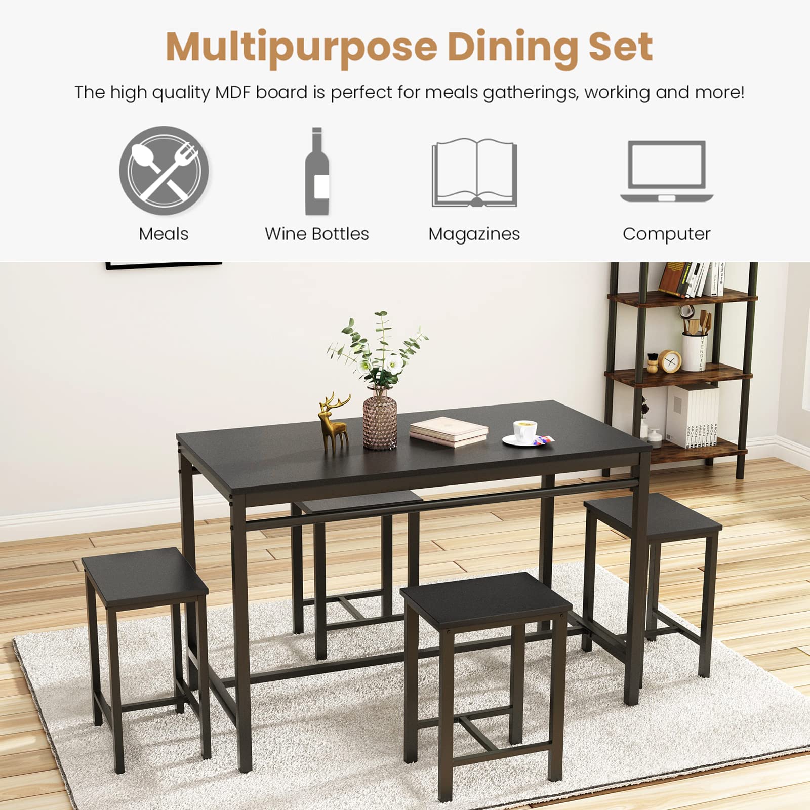 MIERES 5-Piece Industrial Dining Room Set - Kitchen Table & 4 Chairs with MDF Top & Sturdy Steel Frame for Home, Farmhouse, Restaurant, Cafe | Perfect for Family Meals, Breakfast Nook, Small Space Dining & Commercial Use