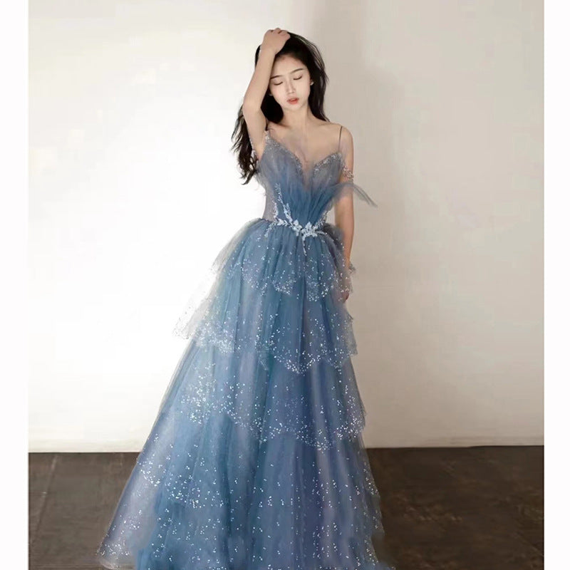 Elegant Blue Tulle Sequins Long Prom Dress - Sparkly Evening Gown for Homecoming, Ball & Formal Events | Perfect for Prom Night, Wedding Guest & Special Occasions