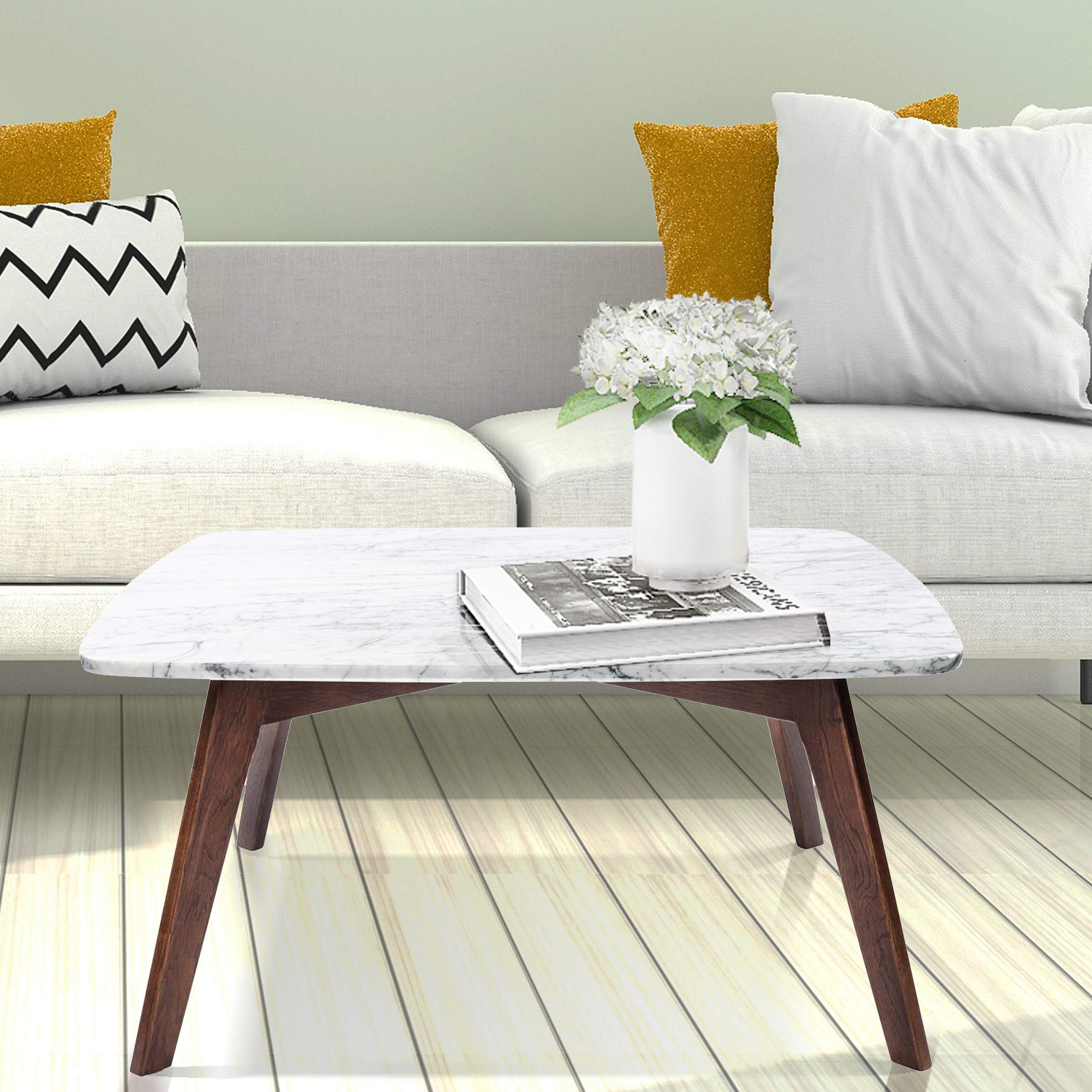 Italian Carrara White Marble Coffee Table with Oak Legs for Living Room