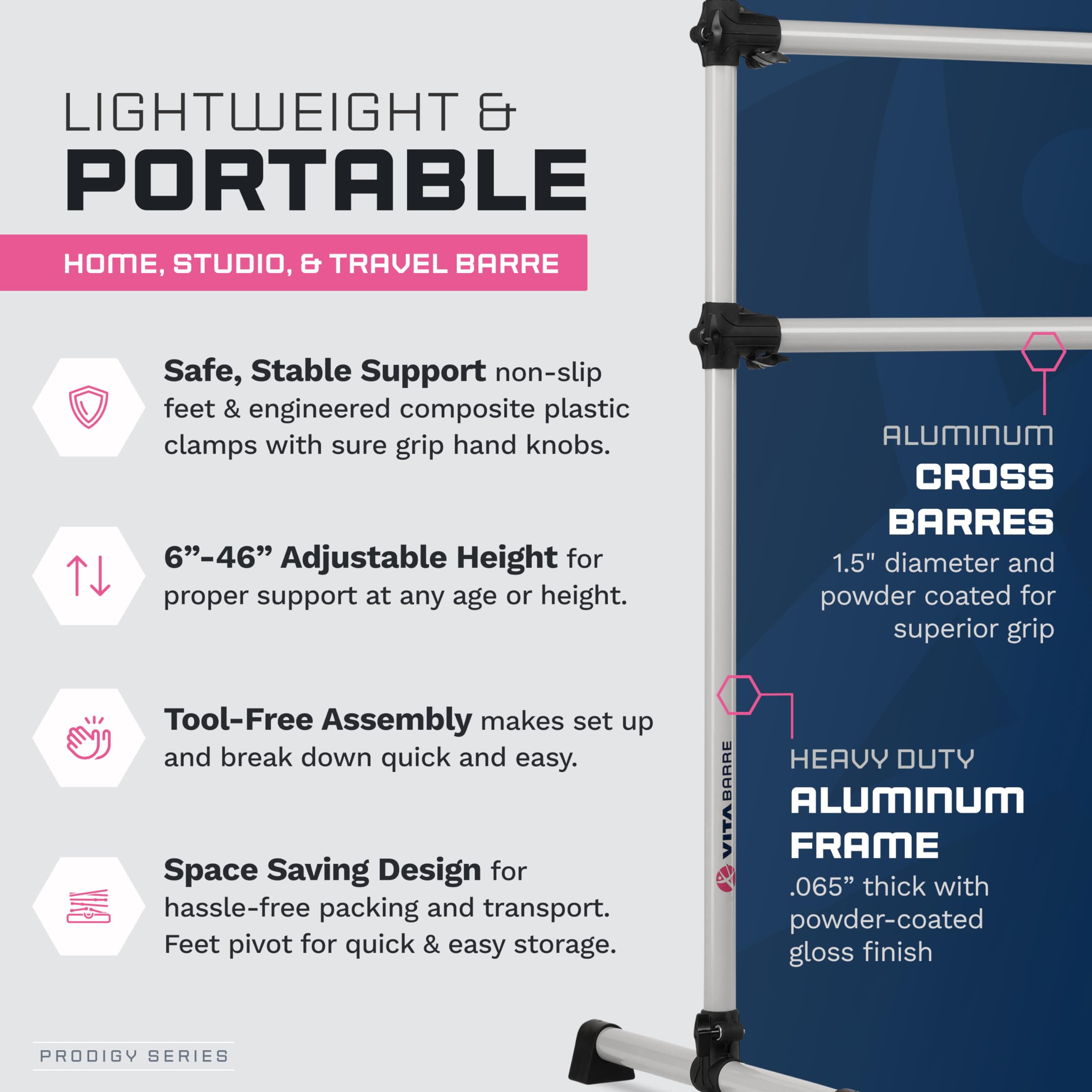 VITA Barre Portable Freestanding Double Ballet Barre - Adjustable Height Aluminum Dance Bar for Home & Gym | USA Made Exercise Equipment for Kids & Adults | Perfect for Ballet Training, Fitness Workouts, Pilates & Yoga Practice