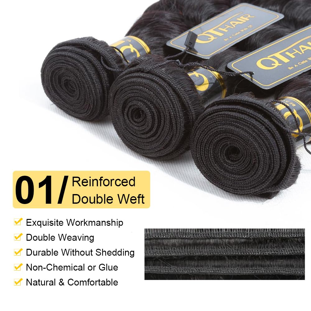 QTHAIR 100% Peruvian Virgin Human Hair Bundles - 16 18 20 22 Inch Deep Wave Loose Curly Hair Extensions - 14A Grade Natural Black Color for Black Women - Perfect for Daily Wear, Styling & Protective Hairstyles