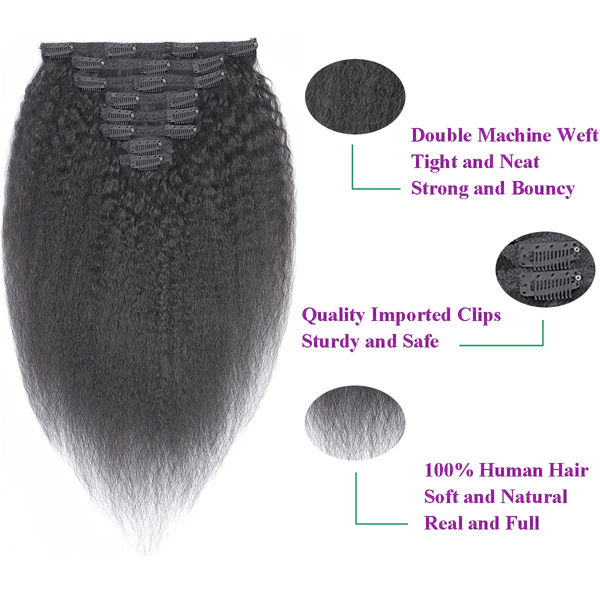 Kinky Straight Clip in Hair Extensions for Women - 14 Inch Virgin Brazilian Human Hair Weft, Silky Soft & Natural - Perfect for Daily Styling, Parties & Special Occasions