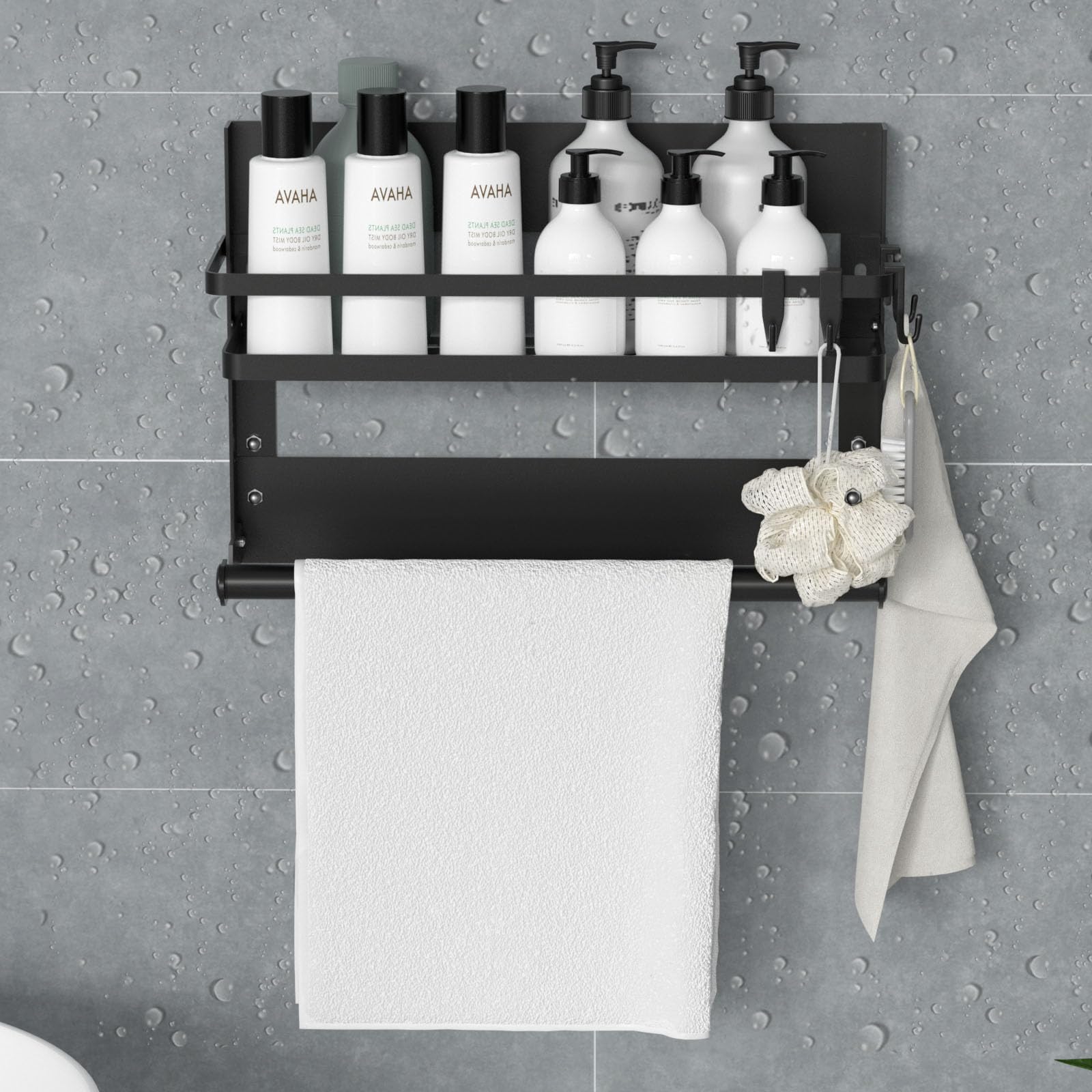 DUNSOO Spice Rack Wall Mount with Kitchen Roll Holder & 4 Hooks, No-Drill Stainless Steel Shelf for Kitchen & Bathroom Organization, Black – Perfect for Small Spaces and Modern Homes