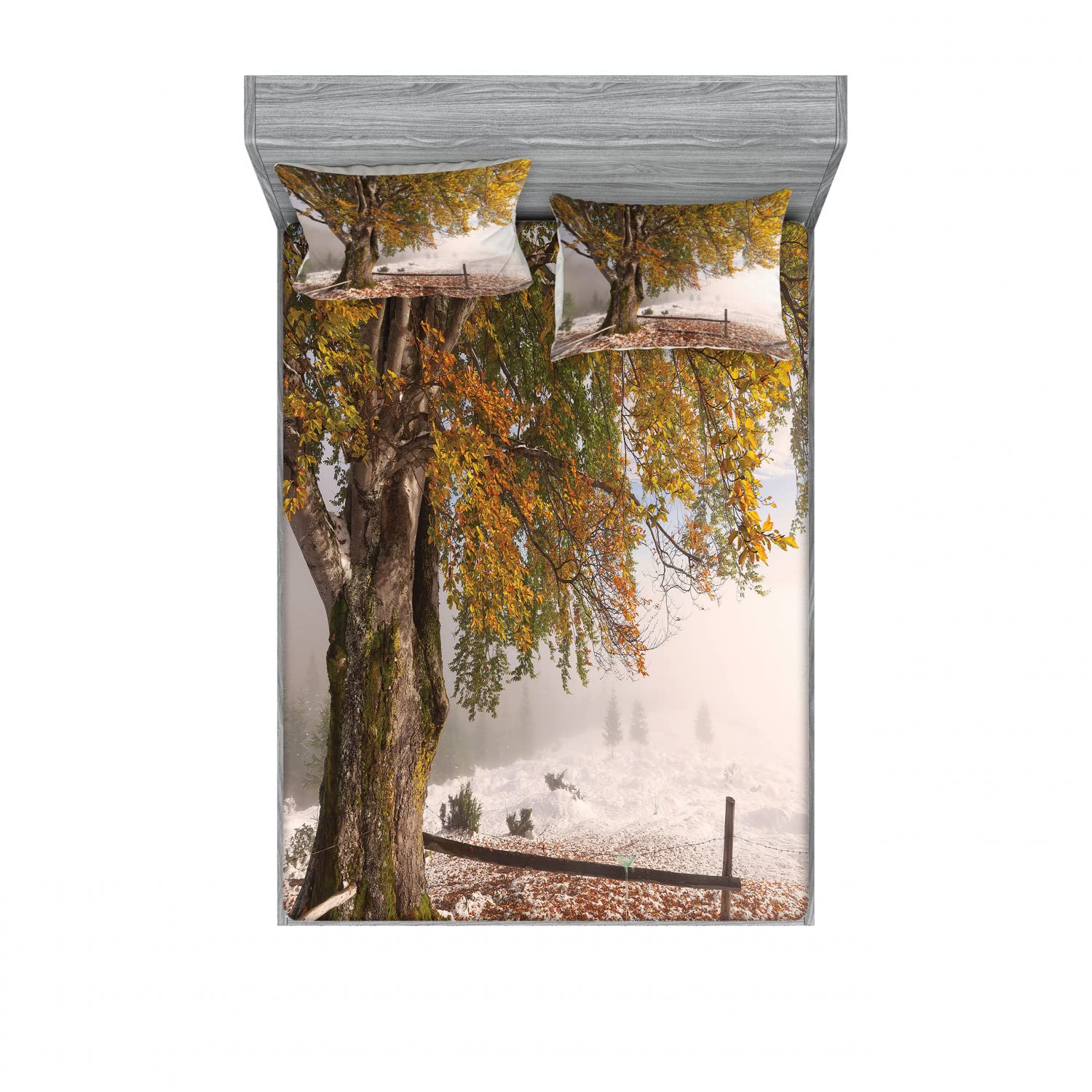 Ambesonne 2-Pack Queen Size Fitted Sheet & Pillow Sham Set - Snowy Winter Nature Theme, 4-Piece Bedding Decor (2 Fitted Sheets + 4 Pillow Covers) | Cozy Seasonal Bedroom Upgrade for Christmas & Winter Home Decor