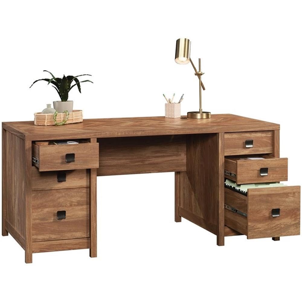 UrbanPro 6-Drawer Farmhouse Executive Desk - Solid Wood Office Desk in Brown Finish | Perfect for Home Office, Study Room & Workspace Organization