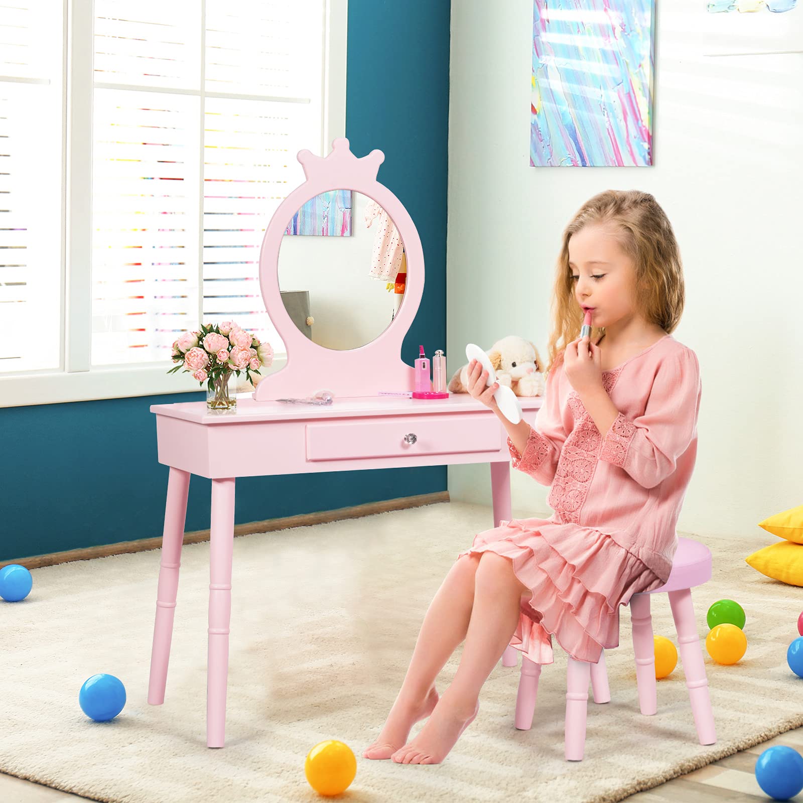 KOTEK Princess Vanity Set with Mirror & Stool - Crown Themed Kids Makeup Dressing Table with Drawers, Solid Wood Legs, Pretend Play Furniture for Little Girls (Pink) | Perfect for Birthday Gifts, Bedroom Decor & Role Play Activities