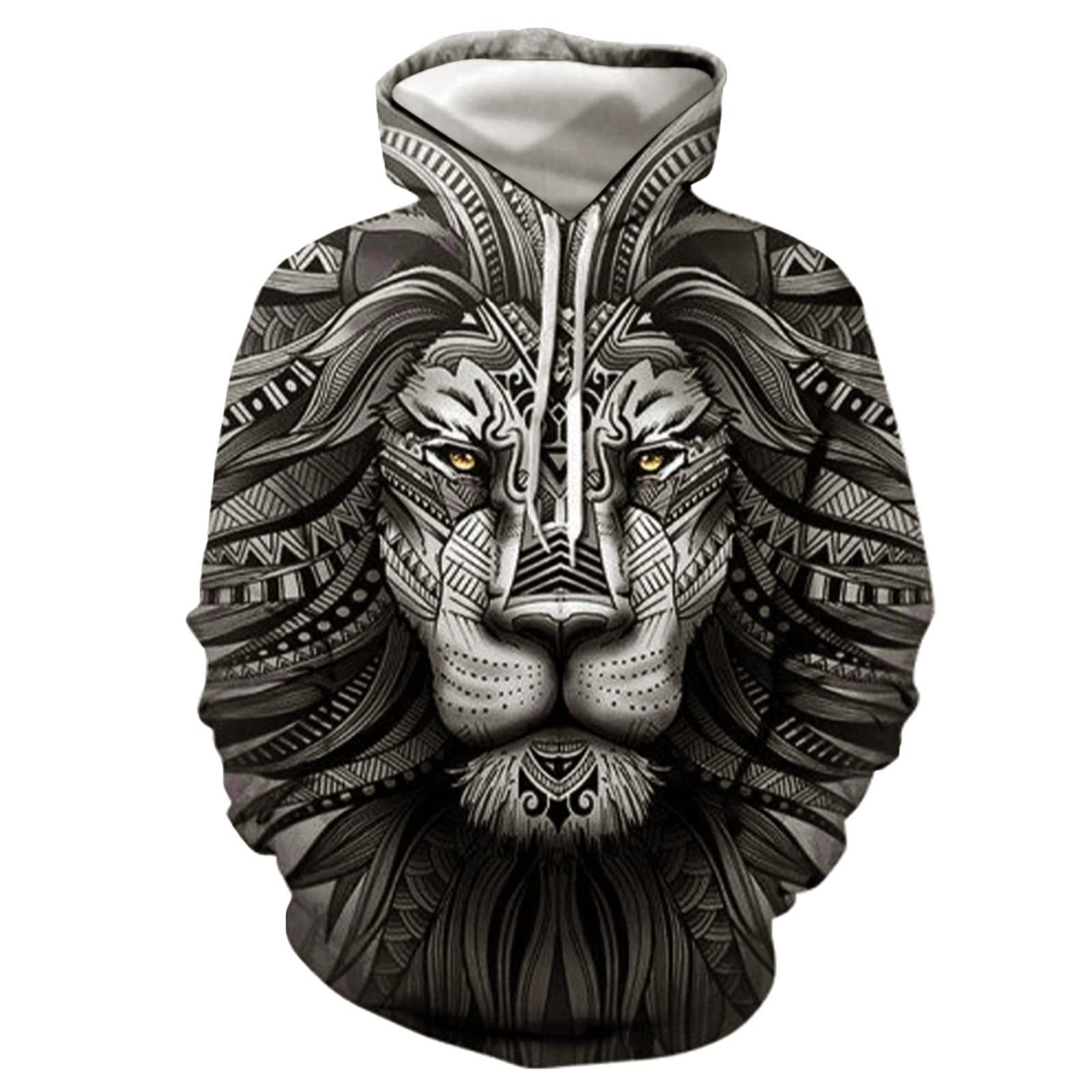 Stylish Lion Print Hooded Sweatshirt for Men & Women - Long Sleeve Pullover with Drawstring | Perfect for Casual Wear, Street Fashion & Outdoor Activities